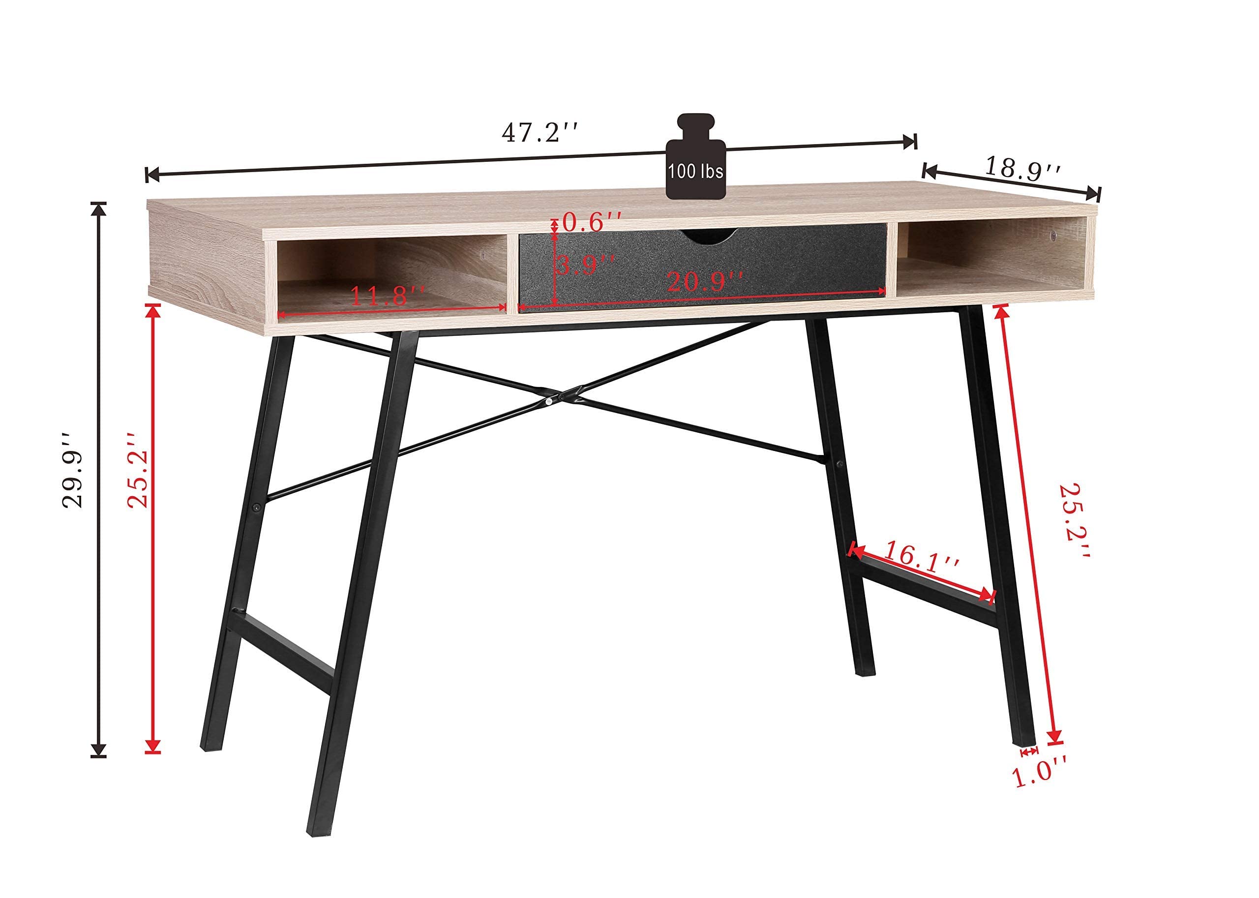 JJS 48 Inch Modern Home Office Desk with Drawers - Mid Century Black Wooden Computer Desk, Study Writing Table with Storage for Laptop & PC Workstation - Perfect for Small Spaces, Remote Work & Home Office Setup