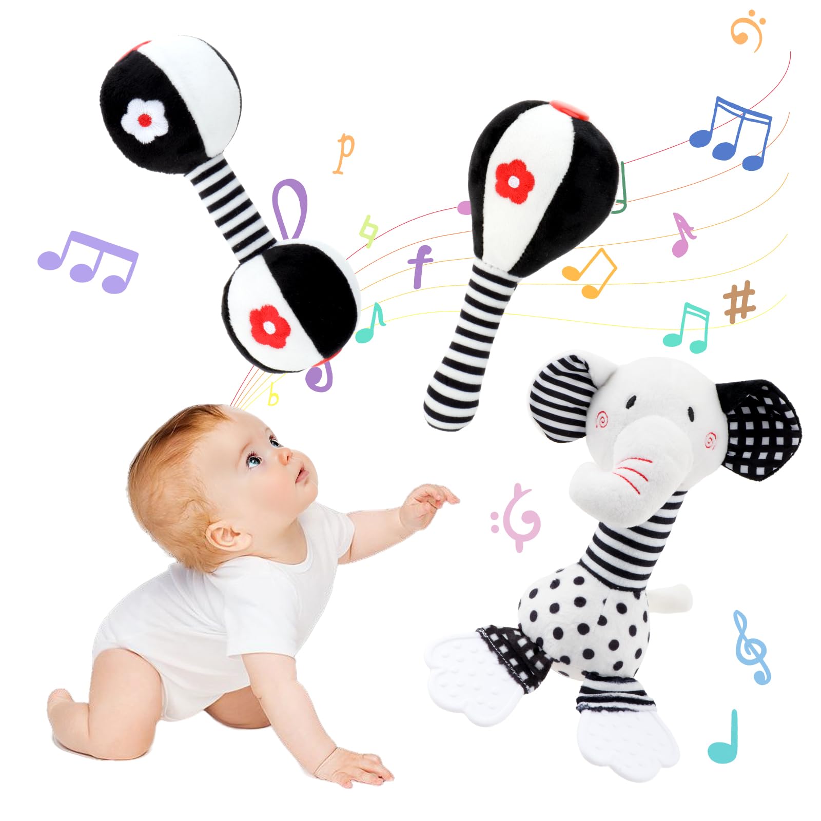 Soft Baby Rattles 0-12 Months - Black & White High Contrast Newborn Toys for Brain Development, Montessori Teether Chew Toy with Plush Elephant Design - Perfect for Tummy Time, Sensory Play & Early Learning