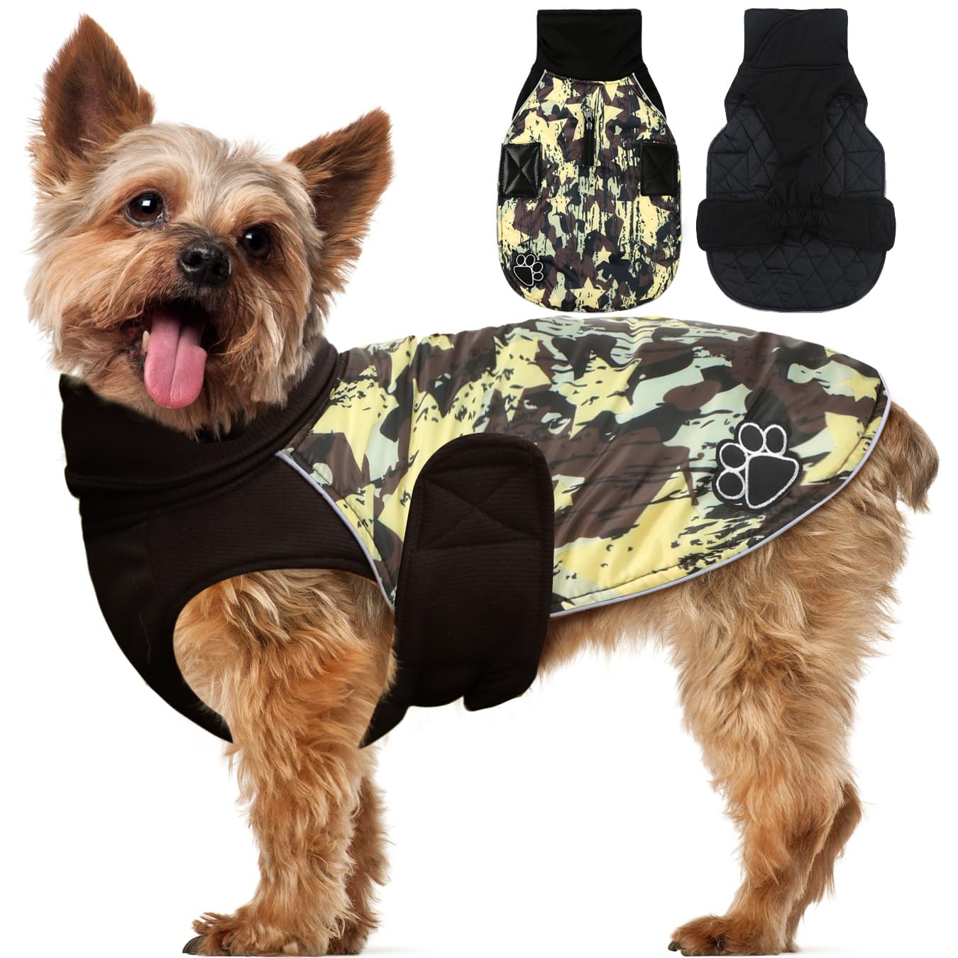 ALAGIRLS Thick Padded Winter Dog Jacket with Harness - Windproof Warm Dog Coat for Small Medium Large Dogs - Brown Star Camo - Perfect for Outdoor Walks & Cold Weather Protection