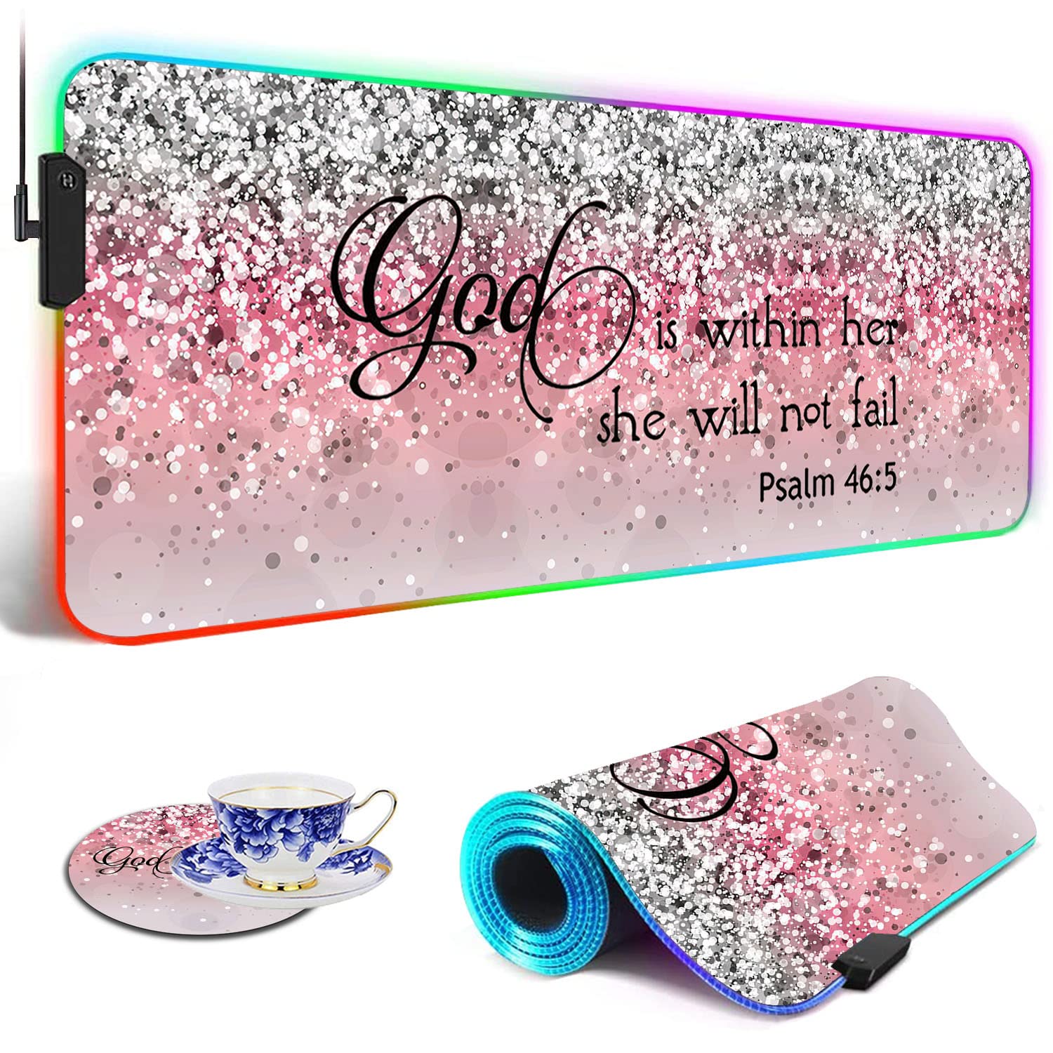 RGB LED Gaming Mouse Pad - Large Non-Slip Desk Mat with Optical Waterproof Surface for PC & Keyboard | Perfect for Esports, Office Work & Streaming | Motivational Bible Verse Design (Psalm 46:5)