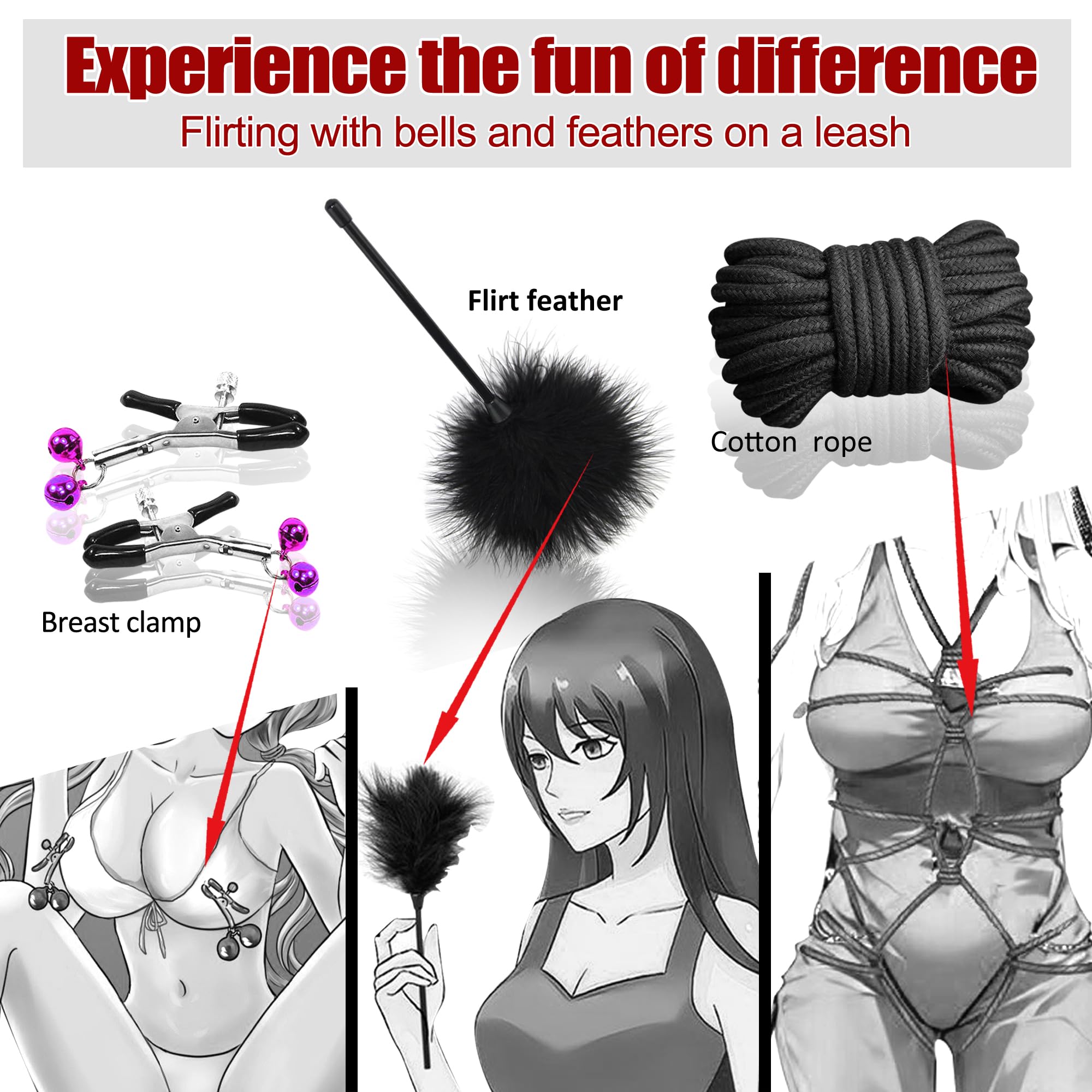 Premium 11-Piece BDSM Bondage Kit with Adjustable Handcuffs, Collar, Ankle Cuffs & Blindfold - Sensual Feather Tickler for Couples - Ultimate Kinky Sex Toys for Spicing Up Bedroom Play & Adult Roleplay Scenes