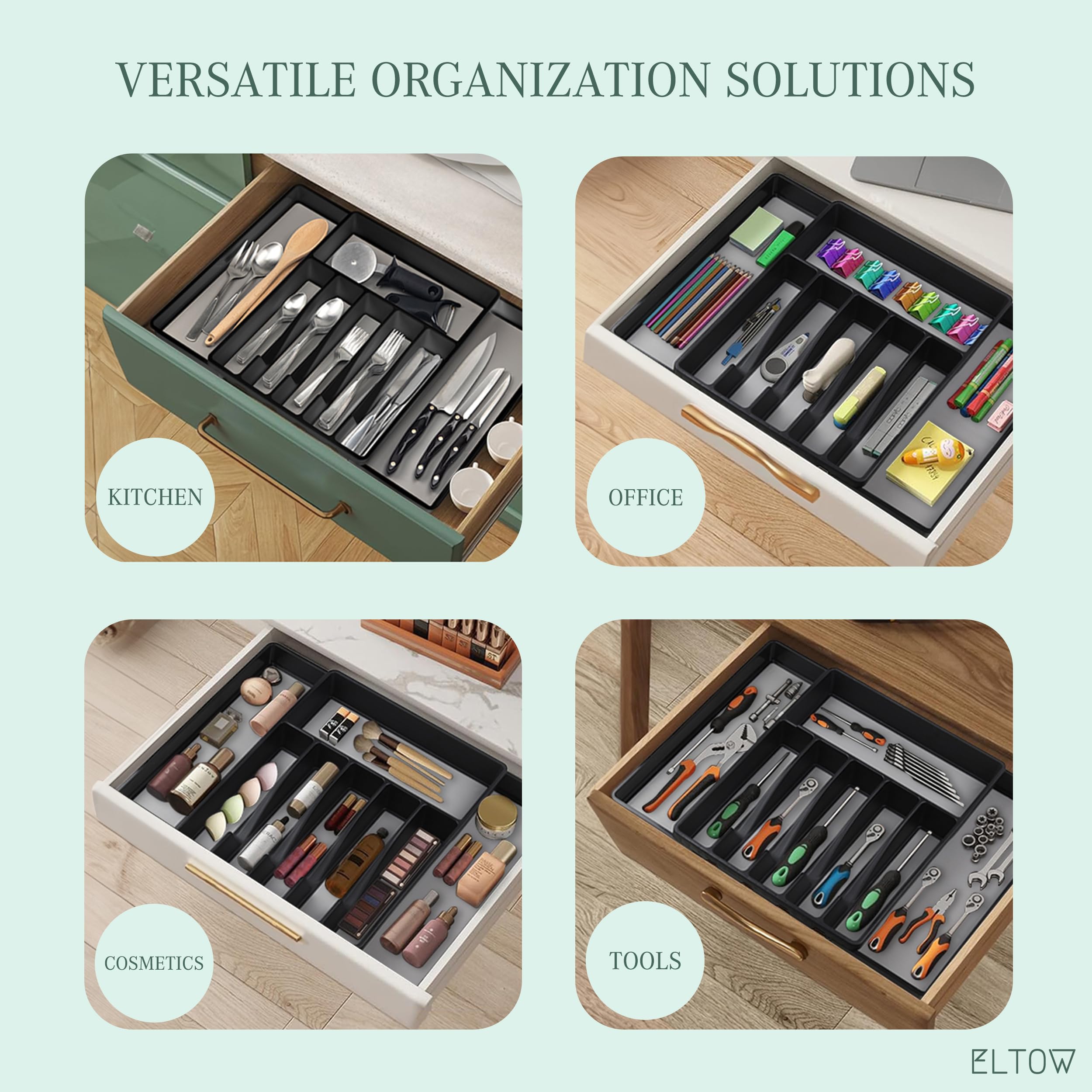 ELTOW Large Expandable Silverware Drawer Organizer - 8 Compartment Non-Slip Adjustable Kitchen Utensil Organizer for Forks, Spoons, Knives - Perfect for Kitchen Drawer Organization & Cutlery Storage (Black)