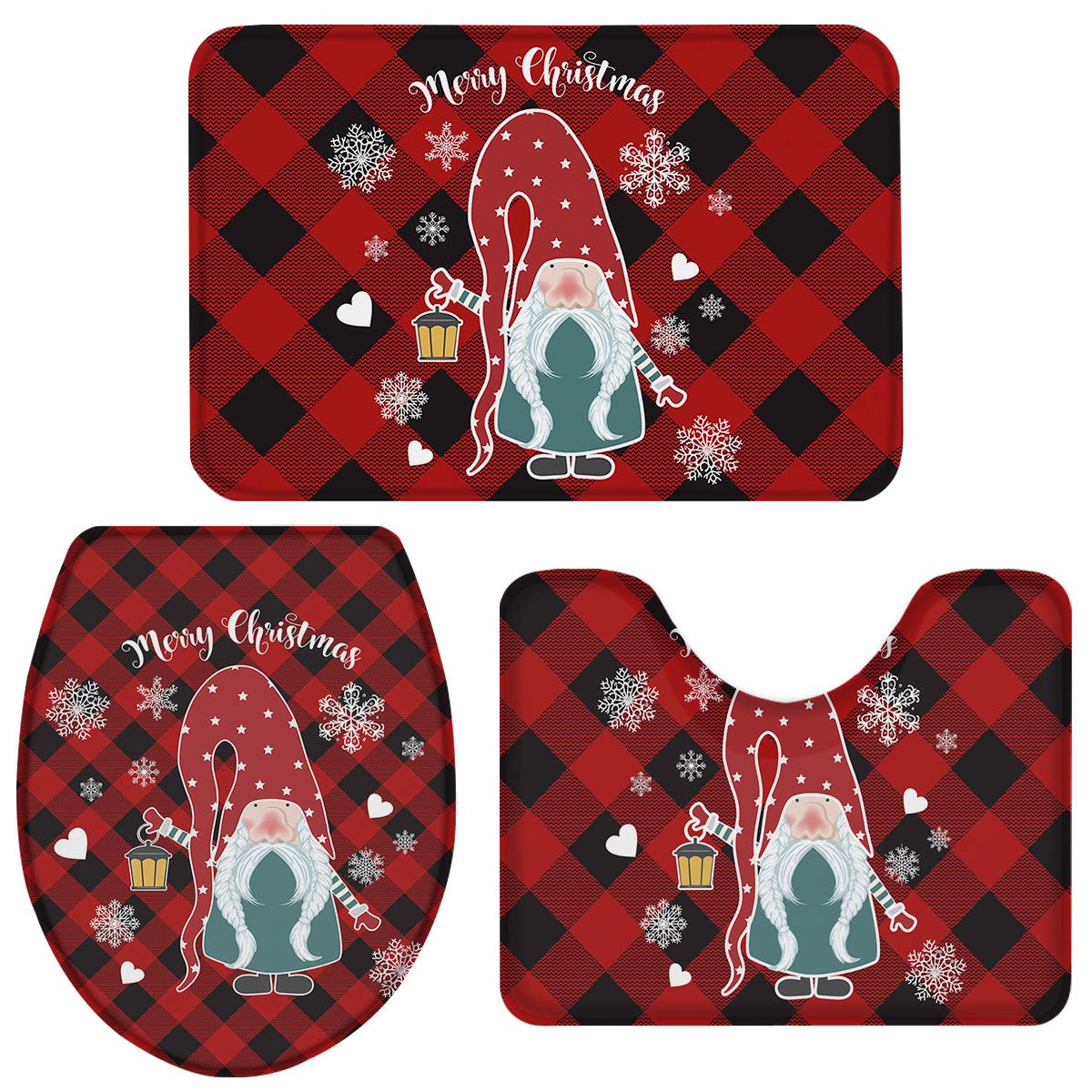 3-Piece Christmas Gnome Bath Accessories Set - Bath Rug, Contour Mat & Toilet Lid Cover | Large Buffalo Plaid Snowflake Design for Holiday Bathroom Decor | Perfect for Christmas Home Decor, Gift Giving & Winter Themed Bathrooms