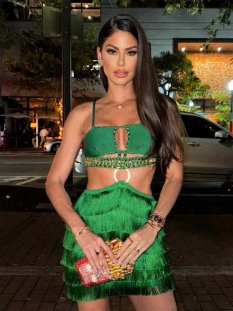 2024 Sexy Green Bodycon Mini Dress with Tassels & Shining Crystals - Women's Bandage Club Dress for Nightclub, Party & Celebrations - Perfect for Clubbing, Bachelorette & Special Occasions