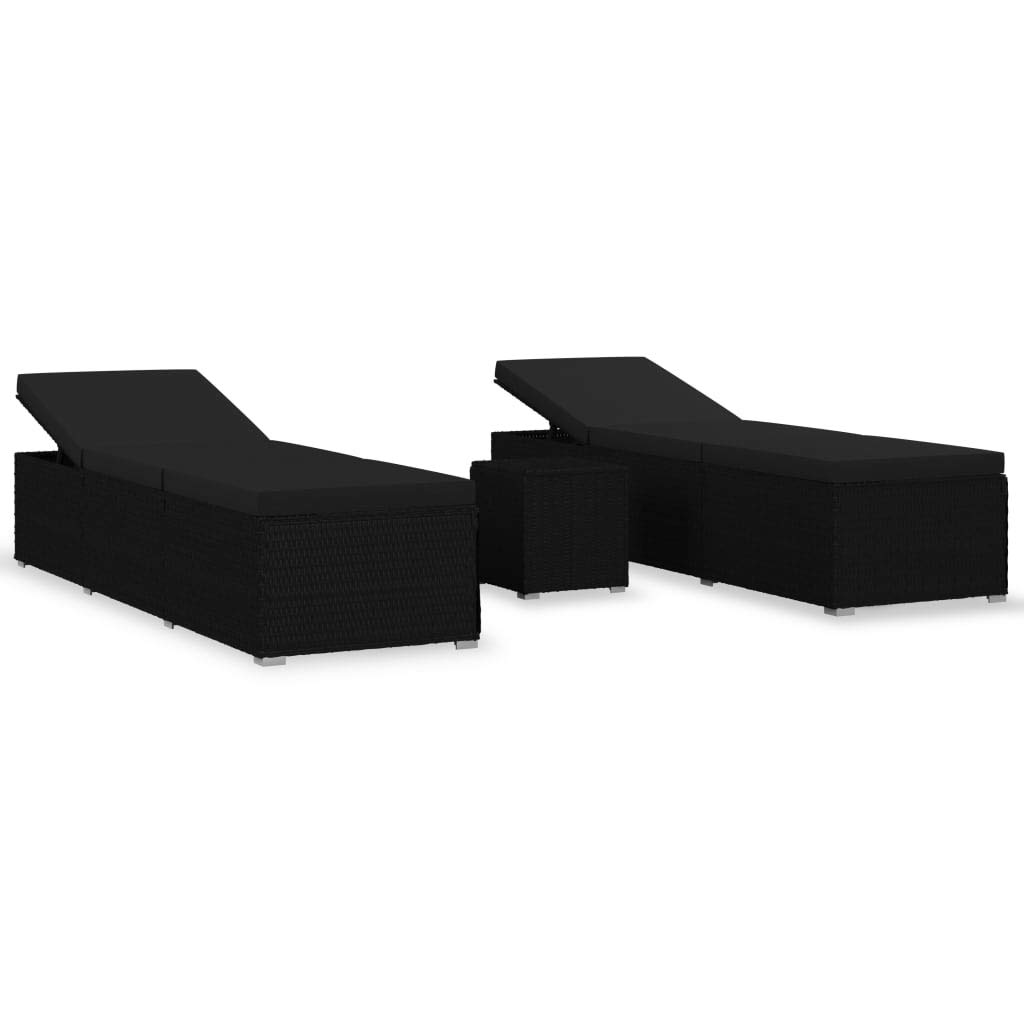 3 Piece Patio Sun Lounger Set with Tea Table - Black Poly Rattan Outdoor Lounge Reclining Couch - Durable Garden Patio Furniture for Poolside, Beach, Backyard & Balcony Relaxation