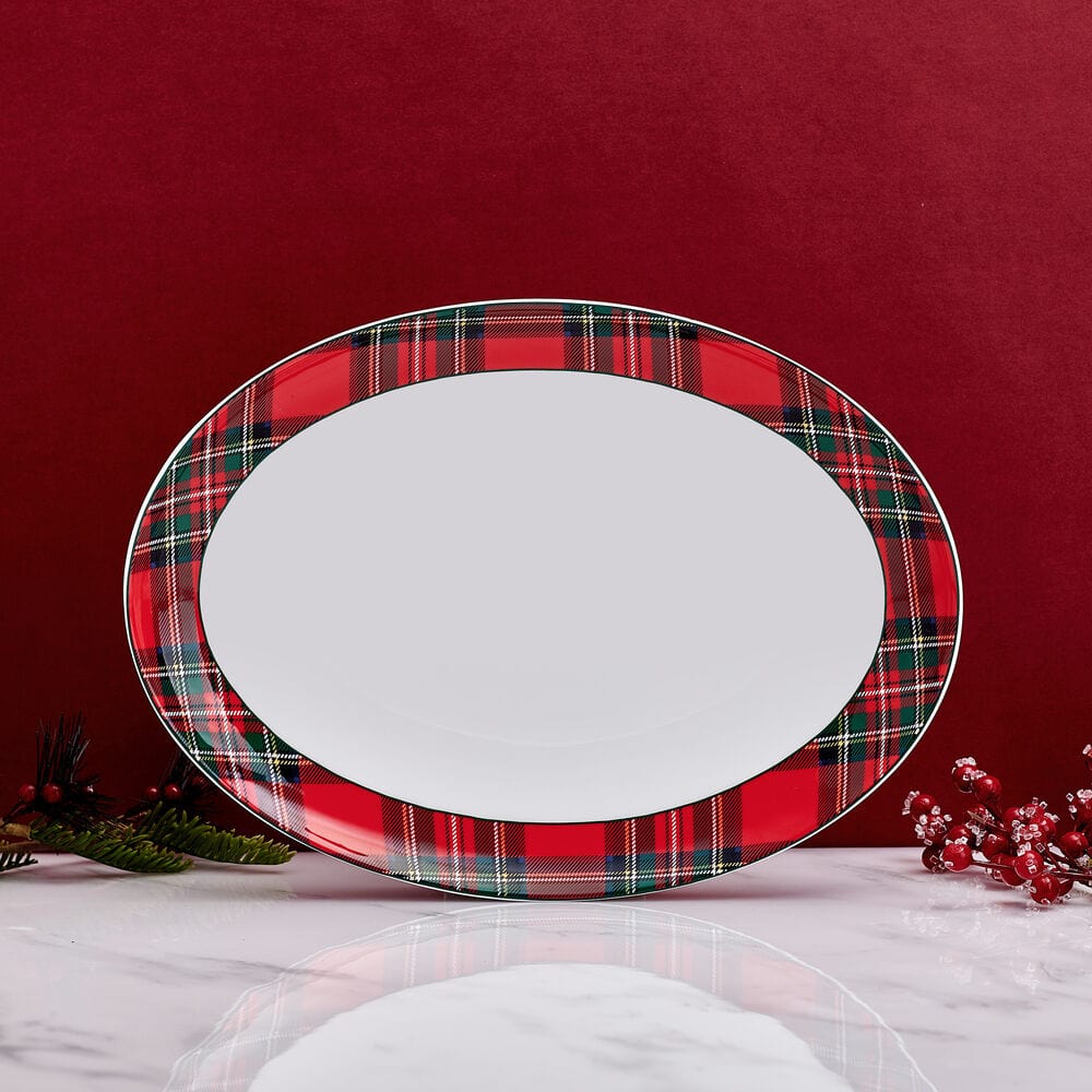 Elegant Tartan Red Oval Platter - Premium Ceramic Serving Dish for Holiday Dinners, Party Appetizers & Home Decor | Perfect for Thanksgiving, Christmas & Entertaining Guests