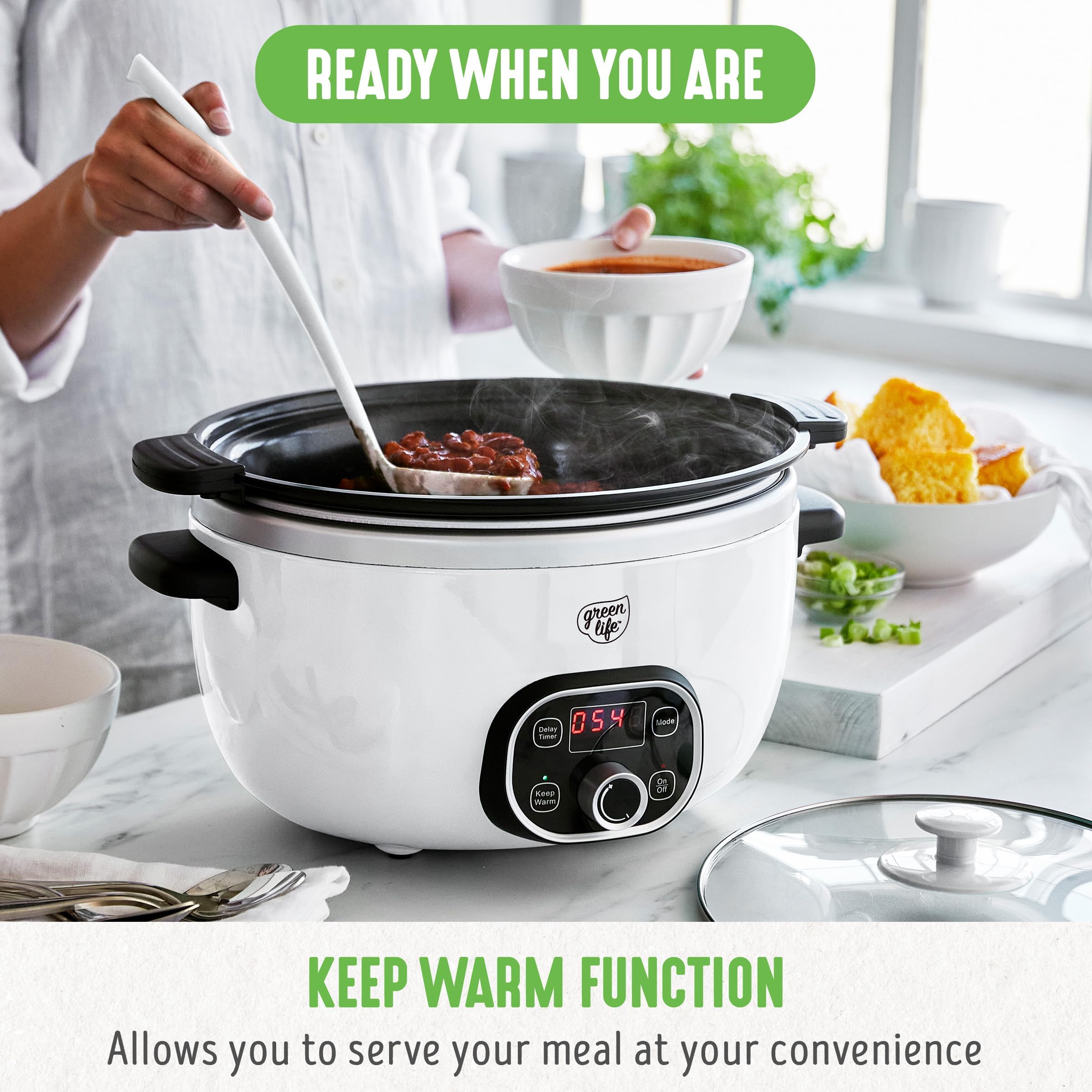 GreenLife 6 Quart Ceramic Slow Cooker - PFAS-Free, Programmable Crock Pot with Removable Nonstick Pot, Digital Timer & Stovetop Sear Function | Perfect for Large Families, Meal Prep, Soups, Stews & Holiday Gatherings | Dishwasher Safe Glass Lid & White Crock