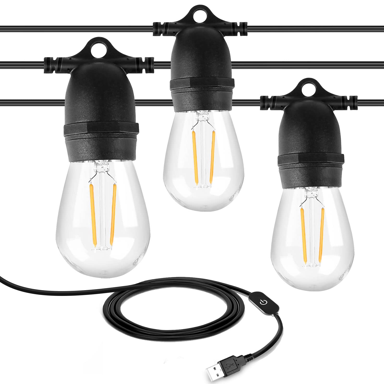 ROMANJOY 24.6FT USB Powered Dimmable Waterproof LED String Lights with 10 Shatterproof S14 Edison Bulbs - Outdoor Patio Lights for Backyard, Porch, Camping, Christmas Decor | Perfect for Garden Parties, Wedding Decorations & Cozy Ambiance Lighting