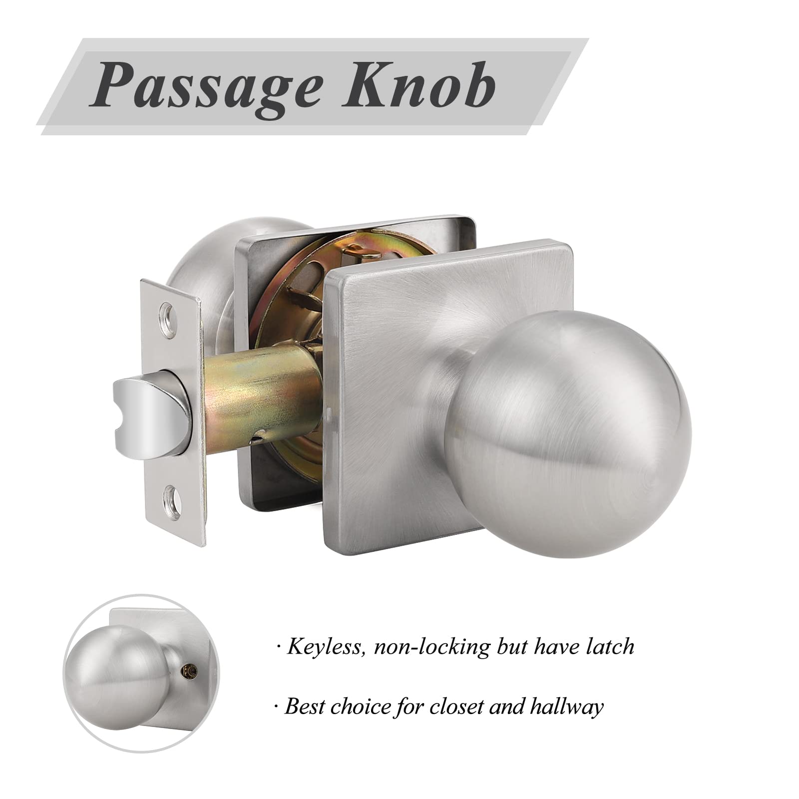 10 Pack Brushed Nickel Square Rosette Keyless Door Handles - Probrico Ball Passage Knobs for Hall Closet & Interior Doors | Durable Hardware for Home, Office & Commercial Spaces