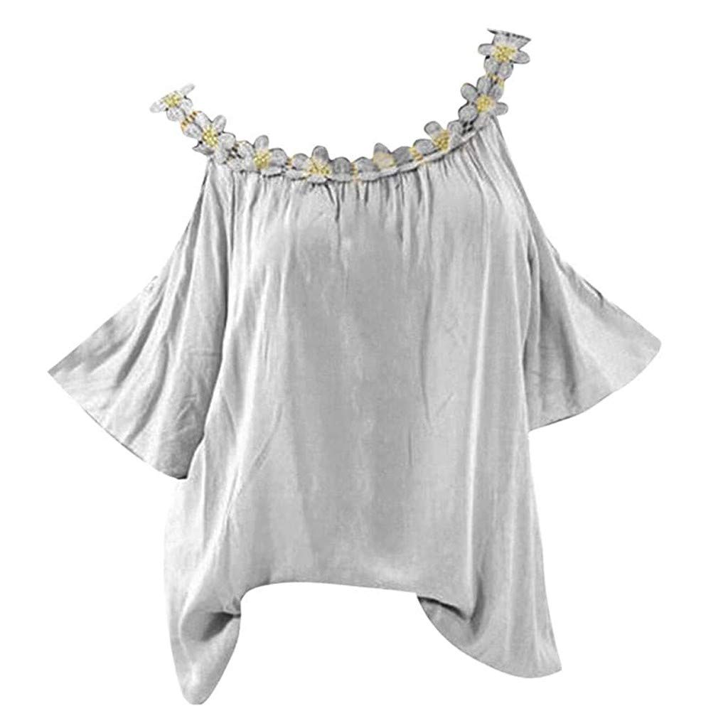 Floral Print Plus Size Women's T-Shirt - Strapless Applique Blouse with Solid Collar in Grey | Casual Wear, Summer Outfits, Office & Party Fashion