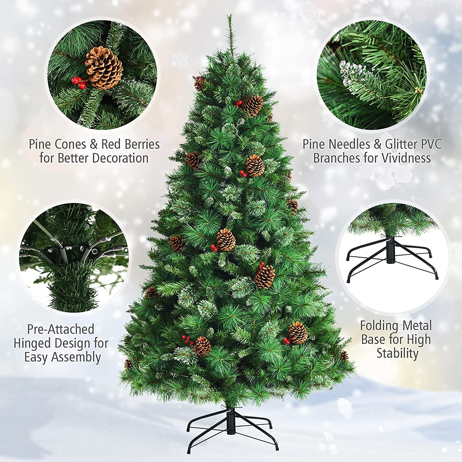 CHEFJOY 7ft Artificial Christmas Tree with Realistic PVC Pine Needles, Red Berries & Pine Cones - Pre-Lit Hinged Xmas Tree with Metal Stand for Easy Assembly | Perfect for Living Room, Office & Holiday Decorations