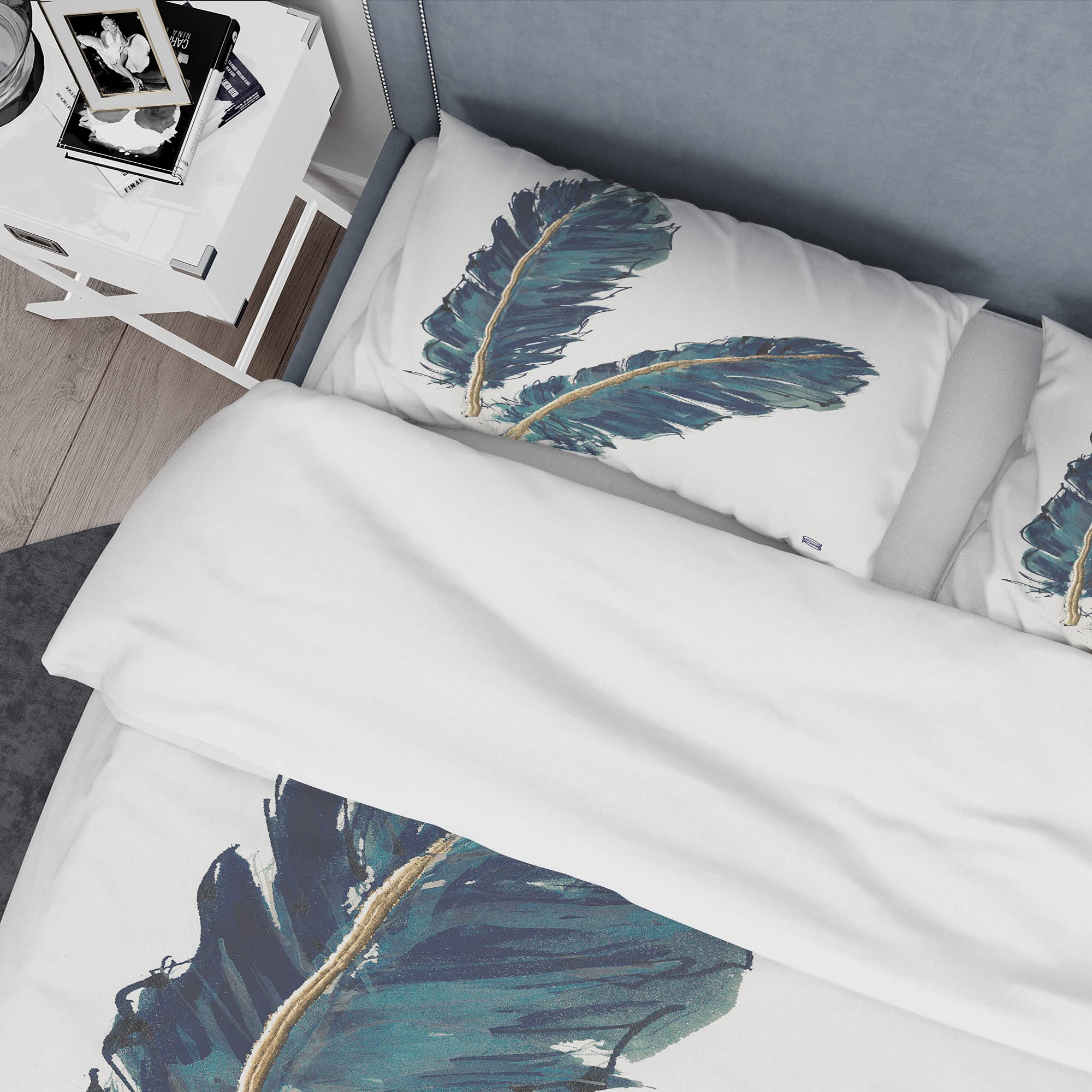 Bohemian Feather Duvet Cover Set - Gold Indigo Animal Print Twin Size 3-Piece Bedding | All Season Soft Luxury Duvet Cover for Eclectic Home Decor | Perfect for Guest Rooms, Dorms & Boho Chic Bedrooms