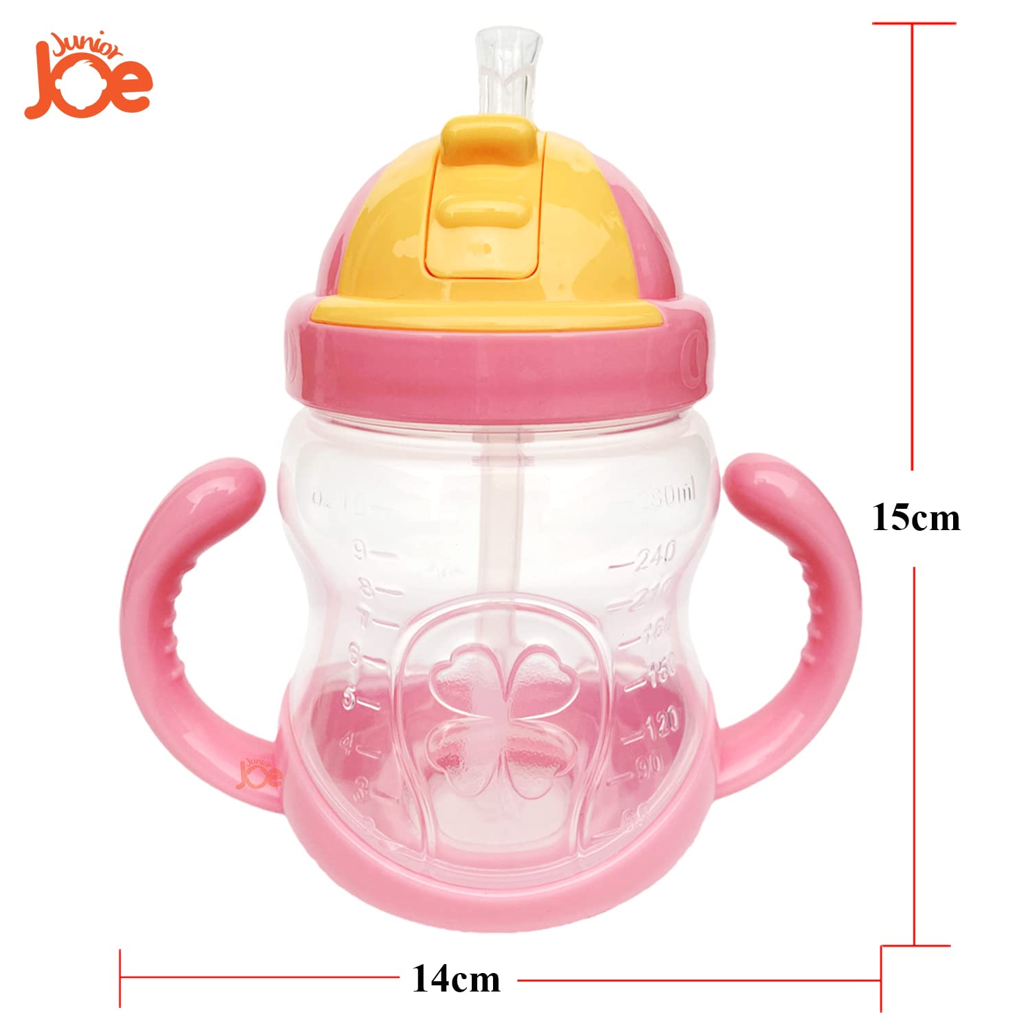 JUNIOR JOE Plastic Baby Straw Sipper Water Bottle - 280ml (Pink) | BPA-Free Leak-Proof Toddler Cup for Kids | Perfect for Daycare, Travel & On-the-Go Hydration