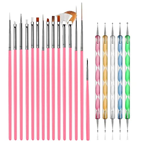 20PCS Professional Nail Art Kit with Brushes & Dotting Pens - Pink Nail Design Tools for Acrylic, Gel & DIY Manicure - Perfect for Home Salon, Nail Artists & Beginners