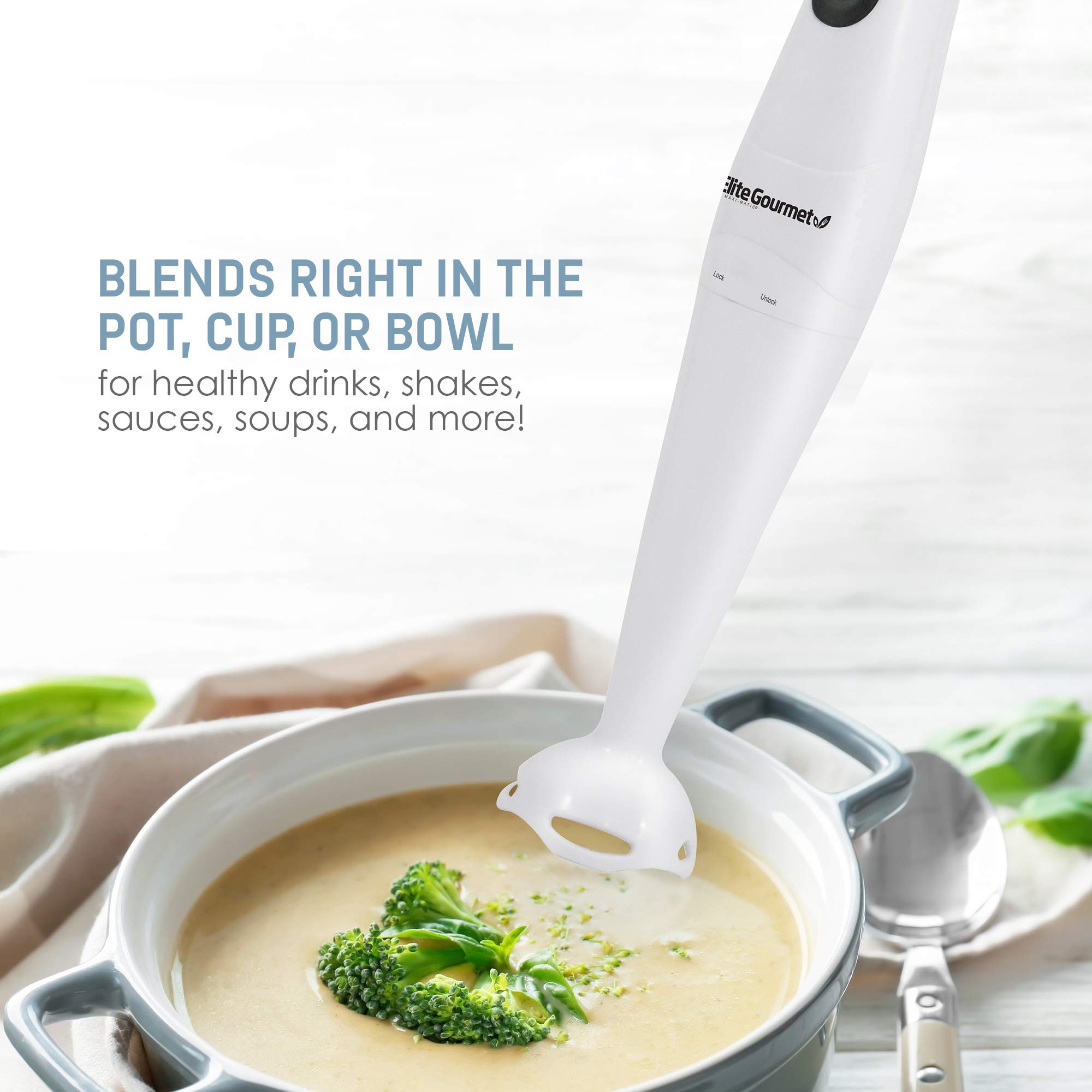 Elite Gourmet EHB-2425X 150W Electric Hand Blender Stick - Immersion Mixer & Food Chopper with One-Touch Control - Perfect for Soups, Sauces, Baby Food & Smoothies - White Kitchen Appliance for Home Cooking & Meal Prep