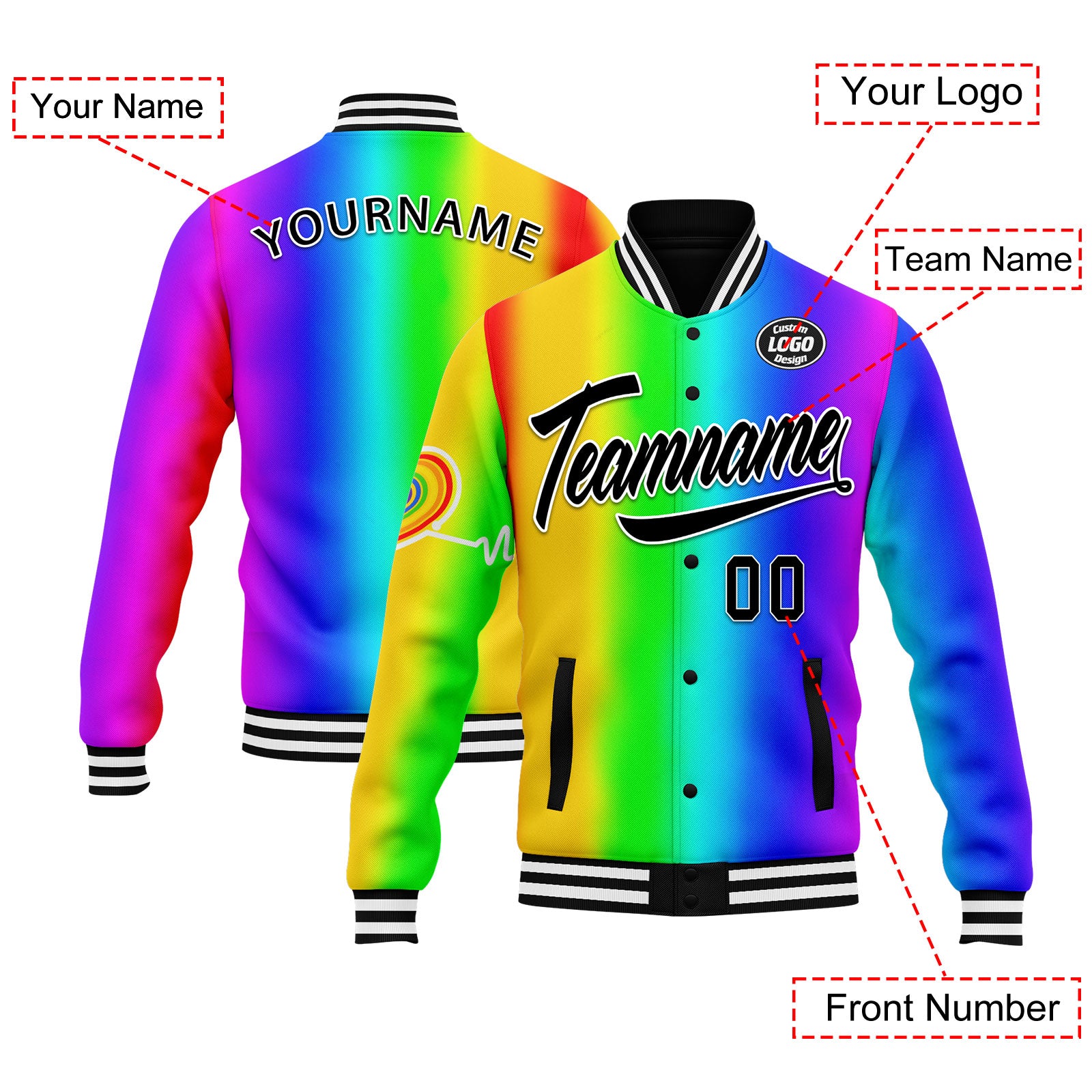 Custom Personalized Varsity Letterman Bomber Jacket with Full Snap Closure - FZ005 D025003 - Perfect for School Events, Sports Teams & Casual Wear