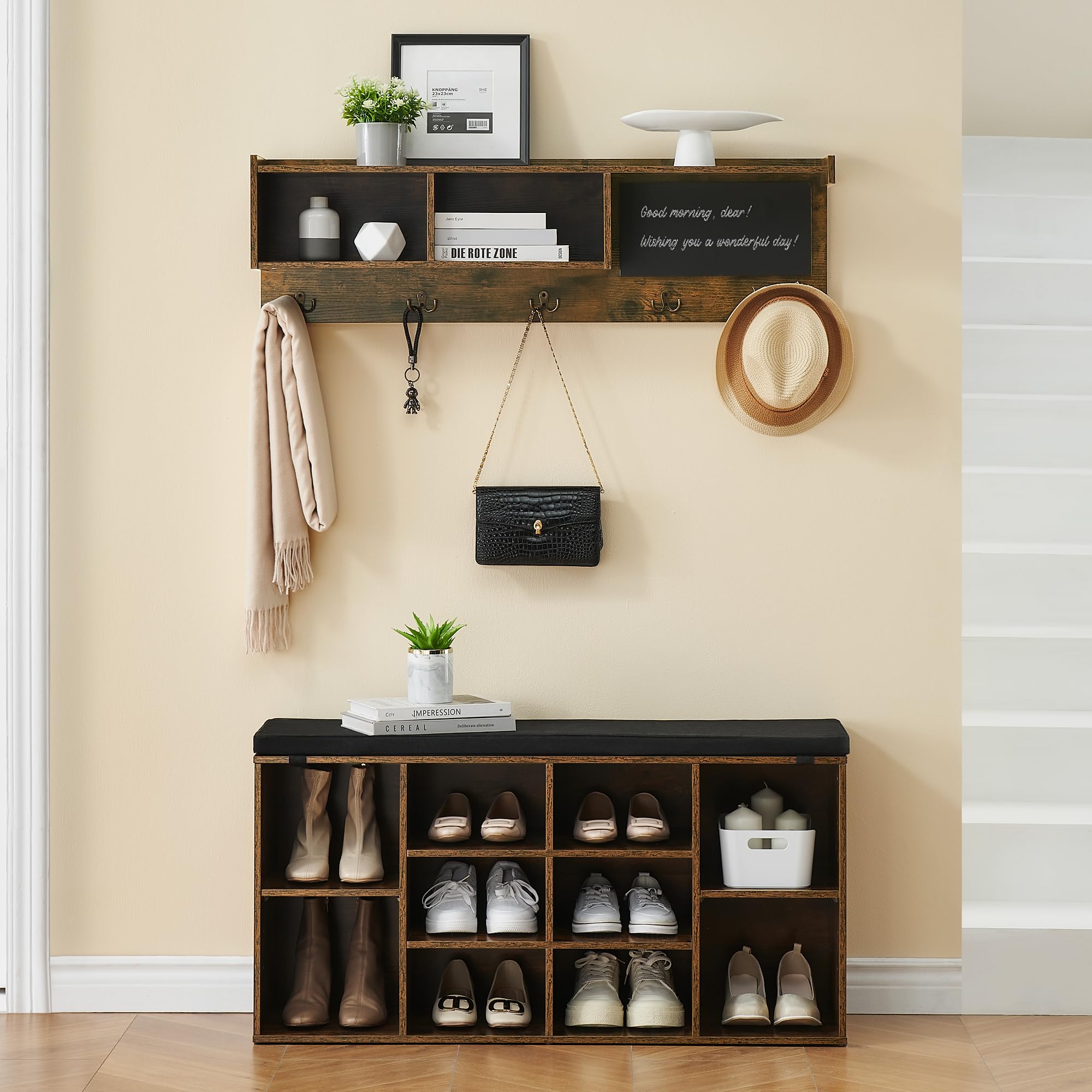 IDEALHOUSE 6-in-1 Industrial Hall Tree with Shoe Bench - Entryway Organizer with 5 Hooks, 12 Storage Cubbies, Bookshelf & Chalkboard - Perfect for Entryway, Hallway & Living Room (Brown, 41 inch) - Ideal for Small Space Organization & Home Decor
