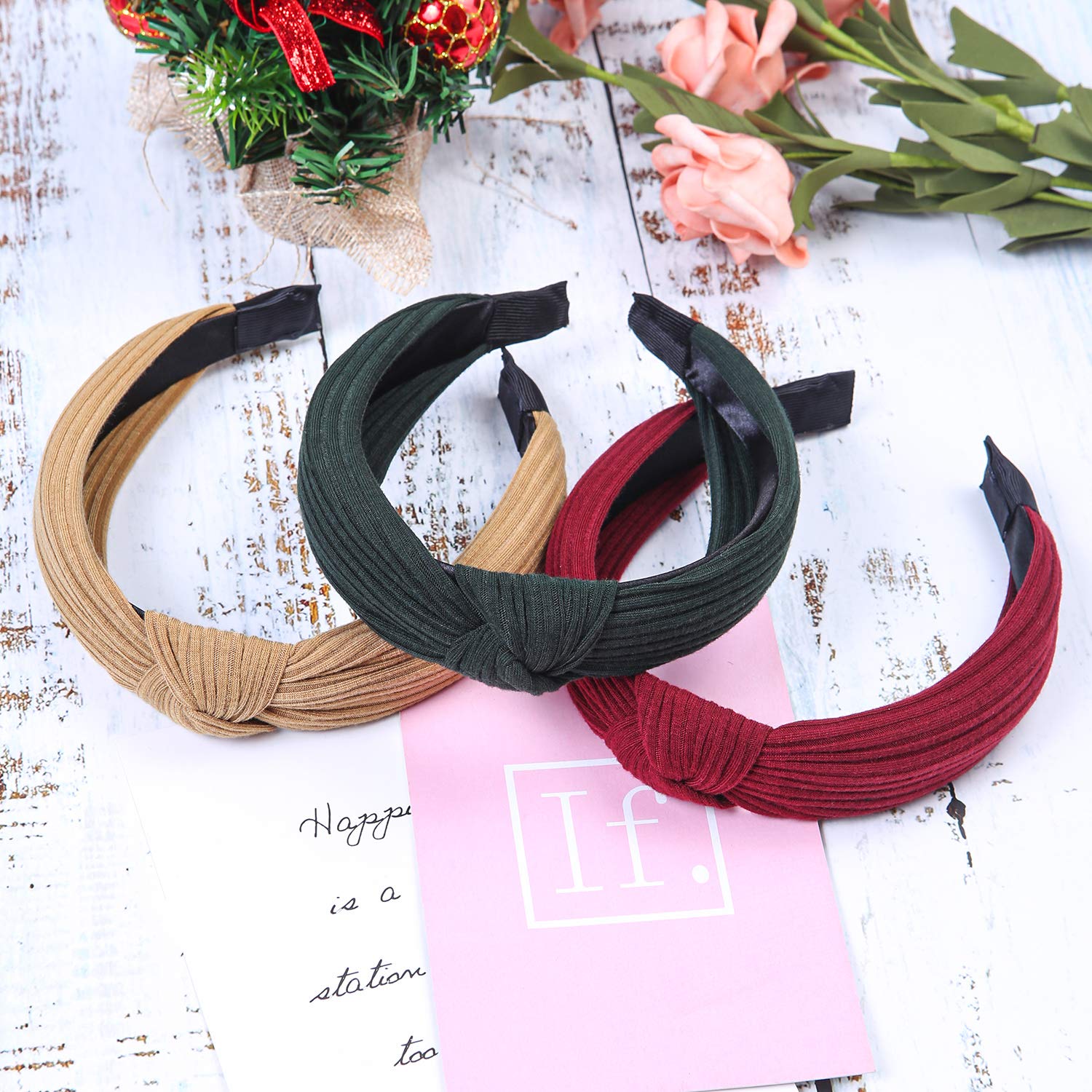 3 Pack Women's Wide Plain Headbands - Fashion Knot Turban Hair Accessories for Women & Girls (Red, Pastel Yellow, Blackish Green) | Stretchy Elastic Hair Bands for Workouts, Yoga, Sports & Everyday Style