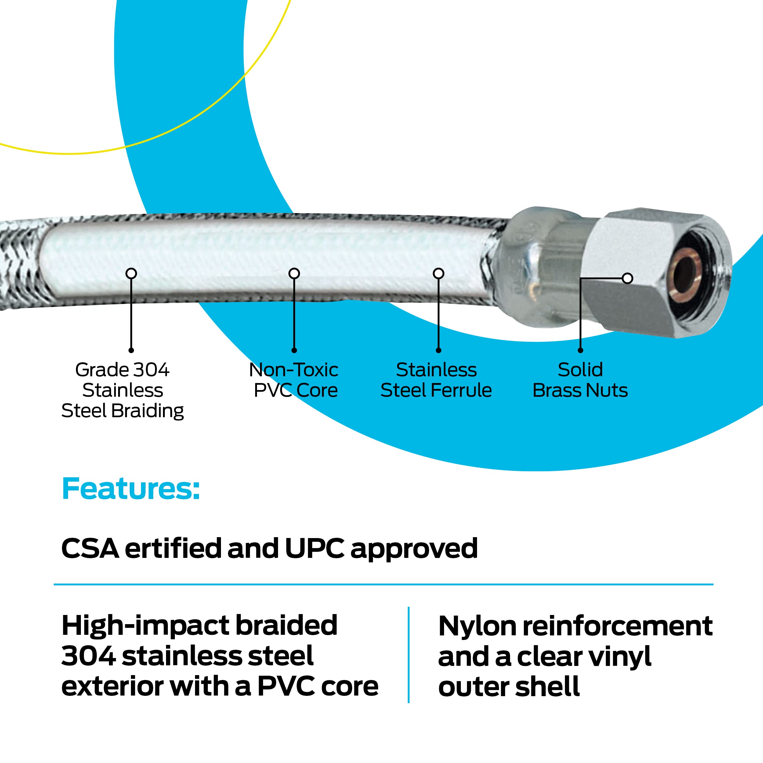 1/4 Inch Ice Maker Connector - 5ft Flexible Braided Stainless Steel Water Supply Line (48387) - Perfect for Refrigerator Ice Makers & Water Dispensers