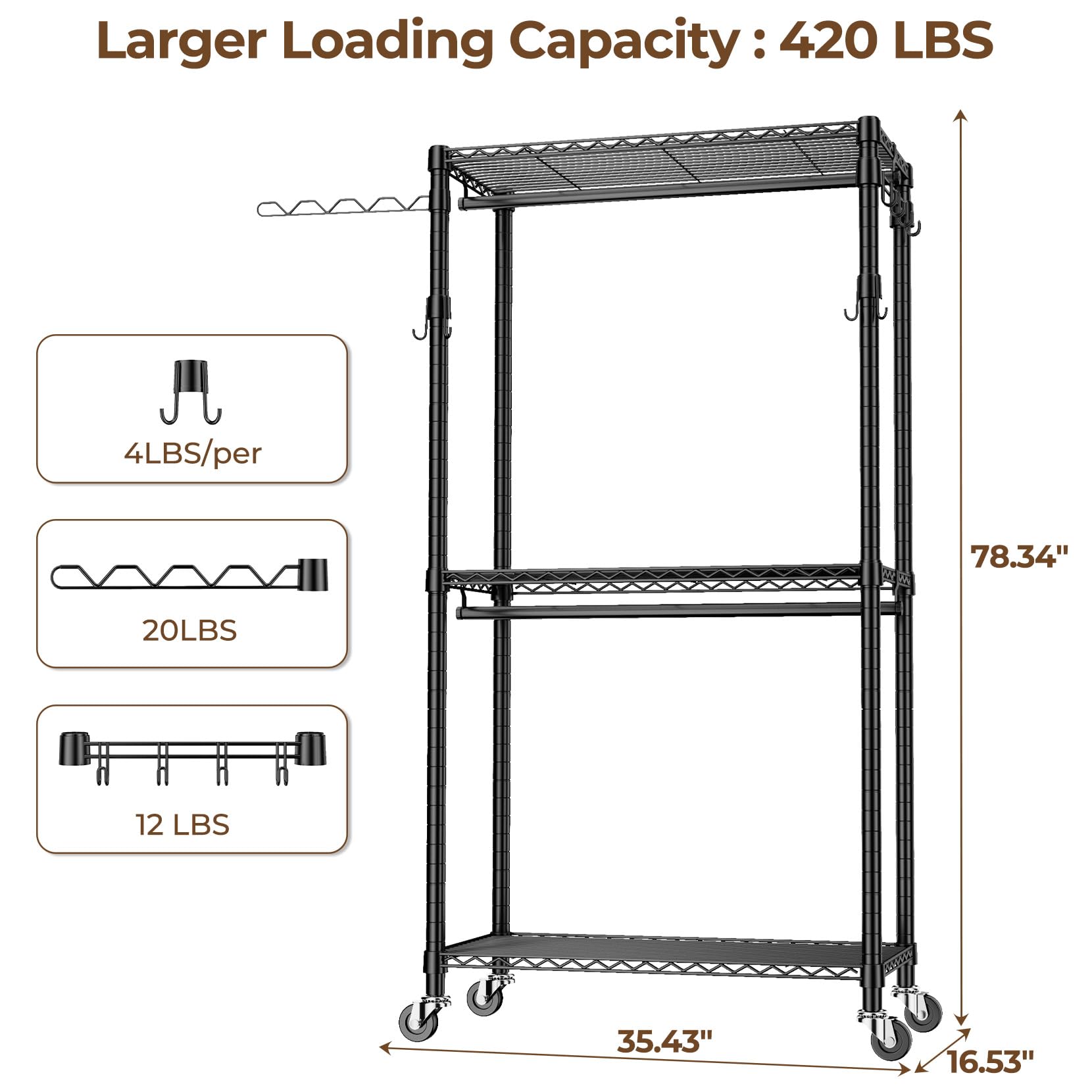 Heavy Duty Rolling Garment Rack with Shelves - 420 lbs Capacity Freestanding Clothes Hanger Organizer, Metal Wardrobe Closet Storage with Wheels (Black) - Perfect for Retail Stores, Boutiques & Home Closet Organization