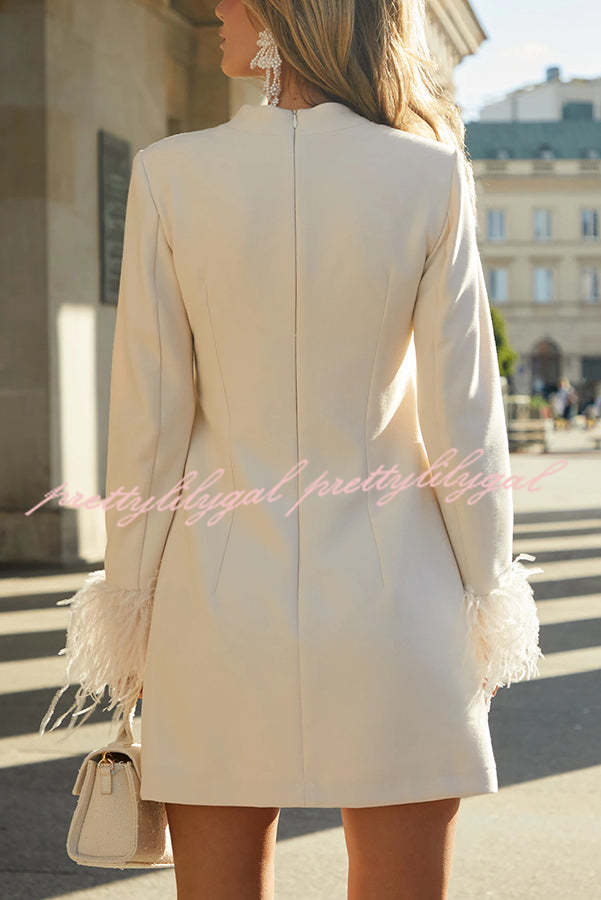 Elegant Feather Trim Long Sleeve H-Line Mini Dress for Women | Perfect for Date Night, Cocktail Party & Special Occasions