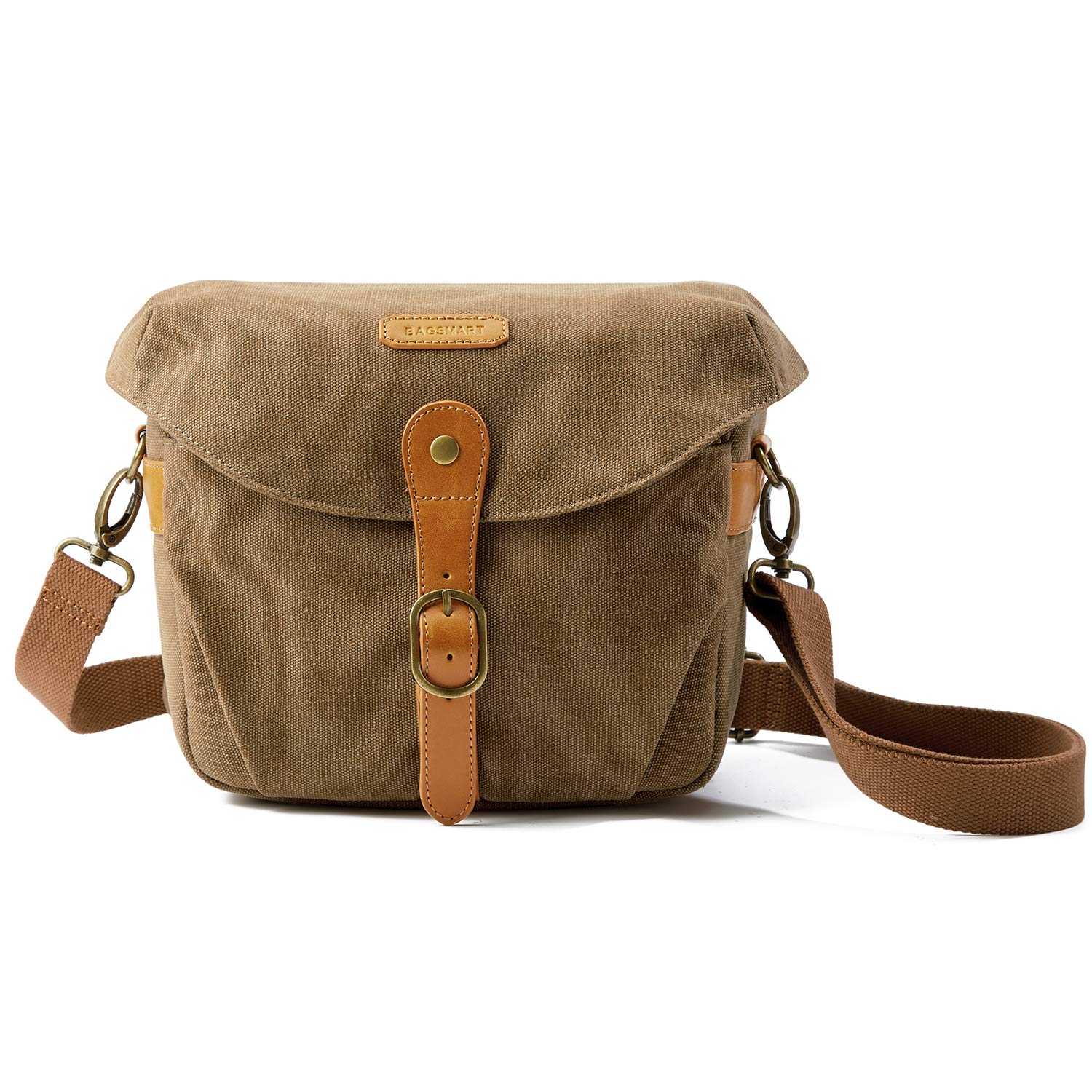 BAGSMART DSLR Camera Bag - Waterproof Canvas Crossbody Shoulder Bag for SLR/DSLR Cameras with Rain Cover - Compact & Lightweight Photography Accessory for Men & Women (Khaki) - Perfect for Travel, Hiking & Outdoor Photography