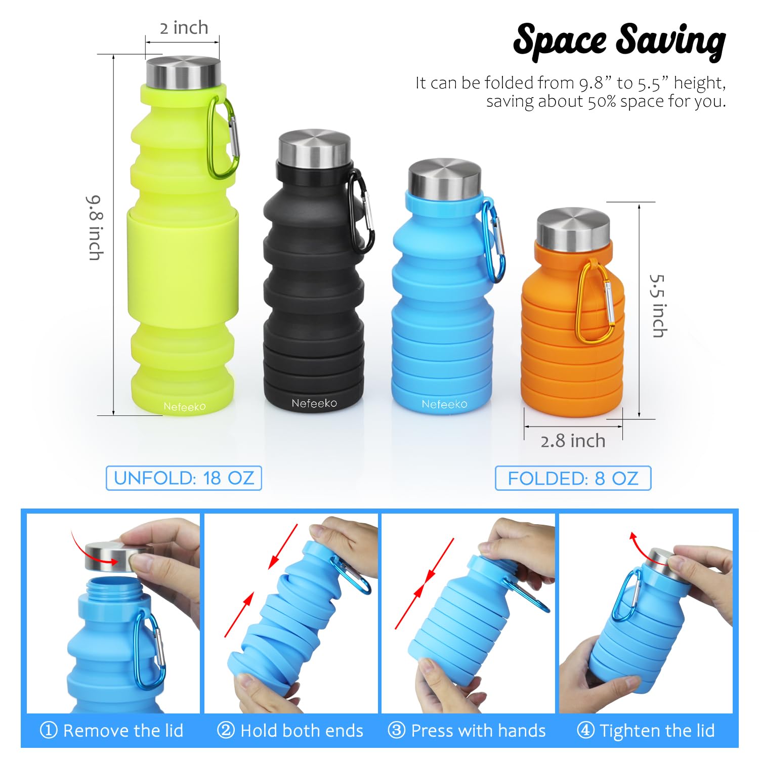 Nefeeko Collapsible Water Bottle - BPA Free, 18oz Leakproof for Travel & Gym