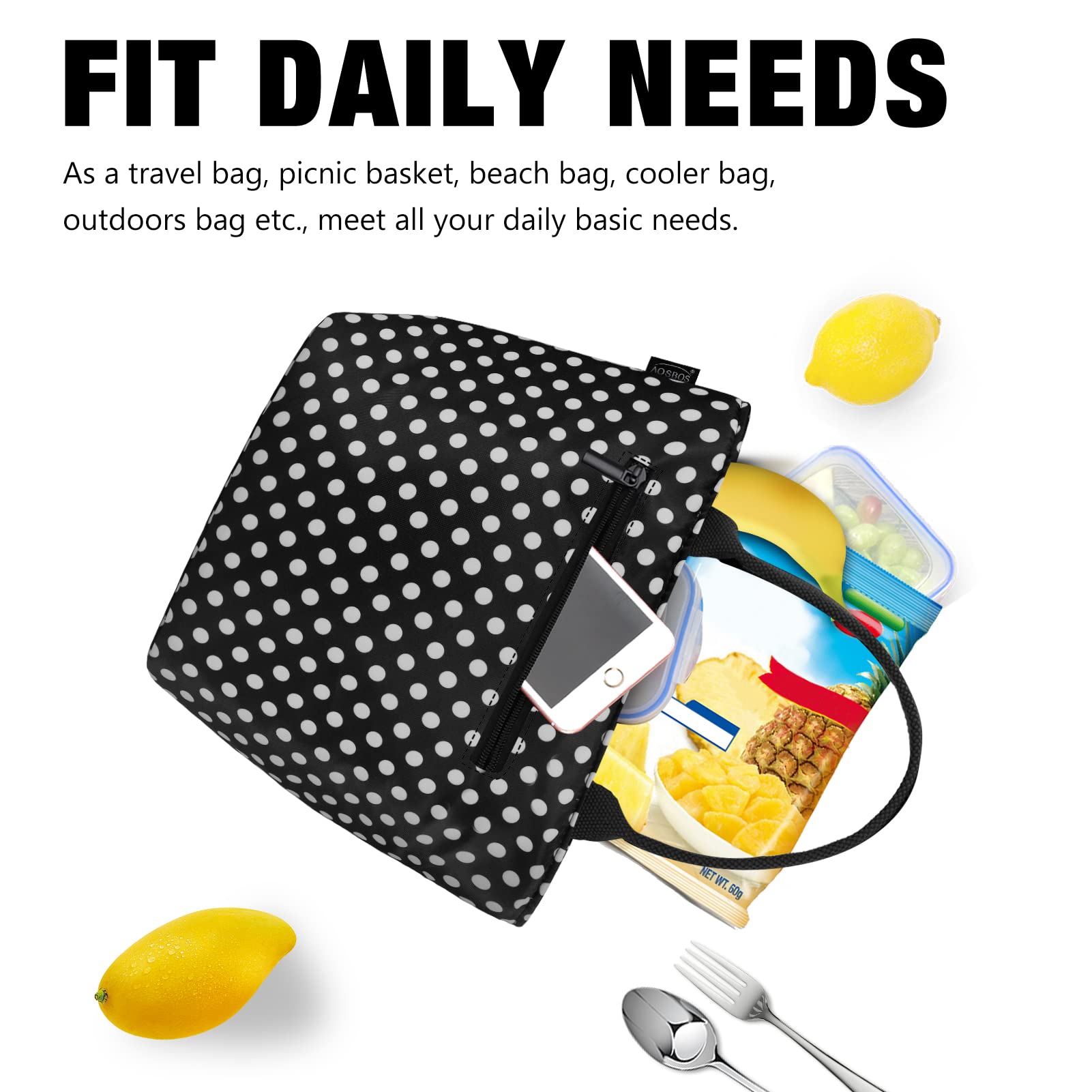 Aosbos Insulated Lunch Box for Women - Stylish Black Polka Dot Lunch Bag for Adults, Meal Prep Tote, Bento Box & Portable Cooler Bag - Perfect for Work, School, Picnics & Outdoor Activities