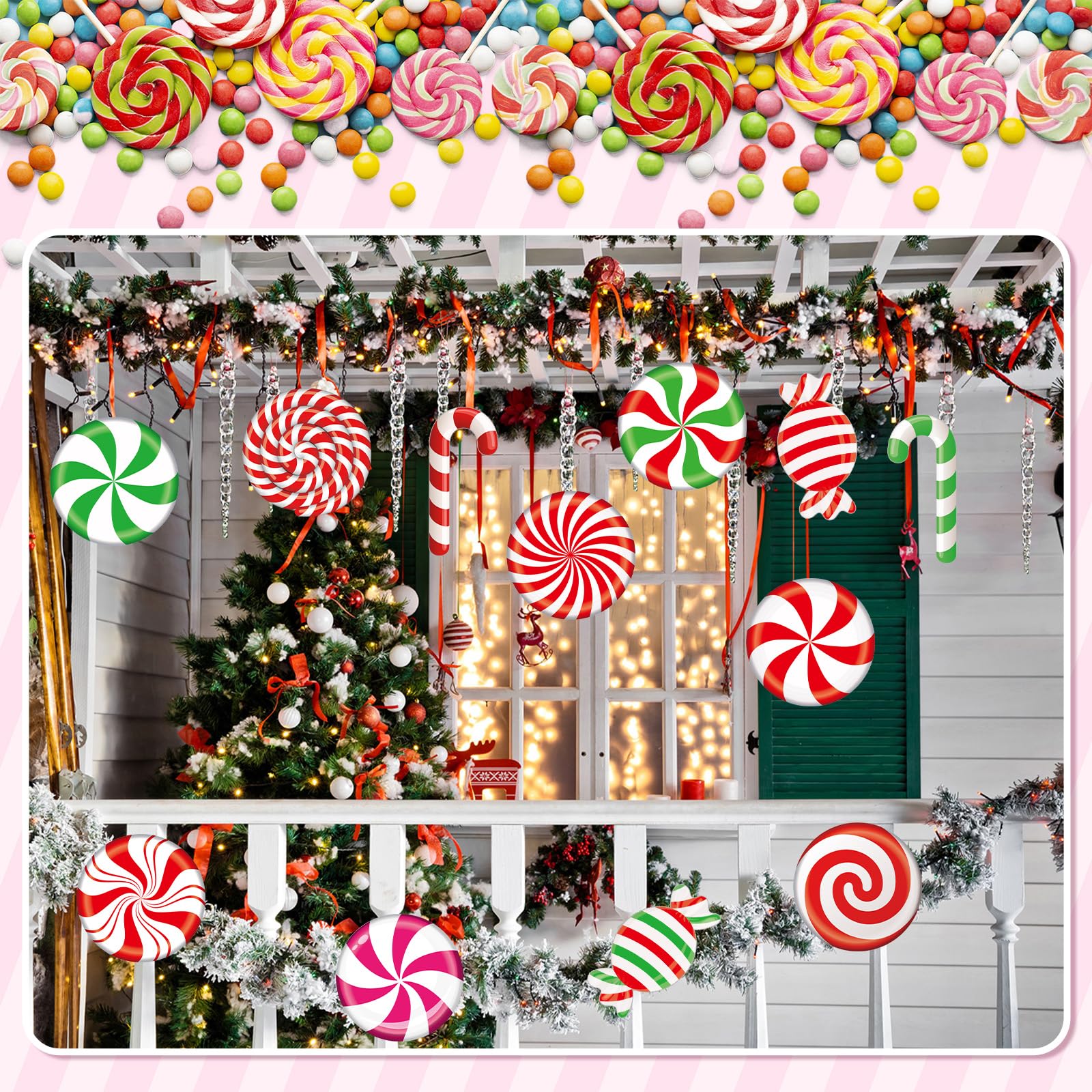 Seajan 200 Pcs Christmas Candyland Cutouts - Peppermint Bulletin Board Decorations for Holiday Parties, Classroom, Home, Window & Wall Decor - Perfect for Christmas, Birthday & Candy Themed Events