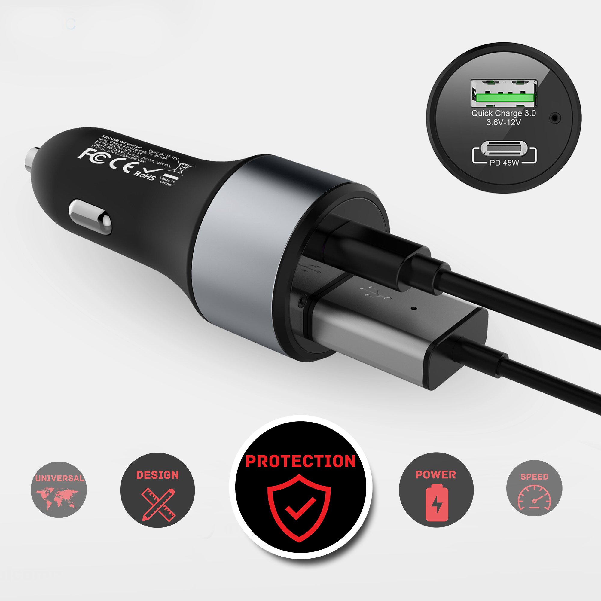 LinkOn 63W Fast Car Charger with 45W USB-C PD3.0 PPS & 18W USB-A QC3.0 - Compatible with MacBook Air, iPhone 15/14/13, Samsung Galaxy S23/S22 - Dual Port Car Adapter for Road Trips & Commuting