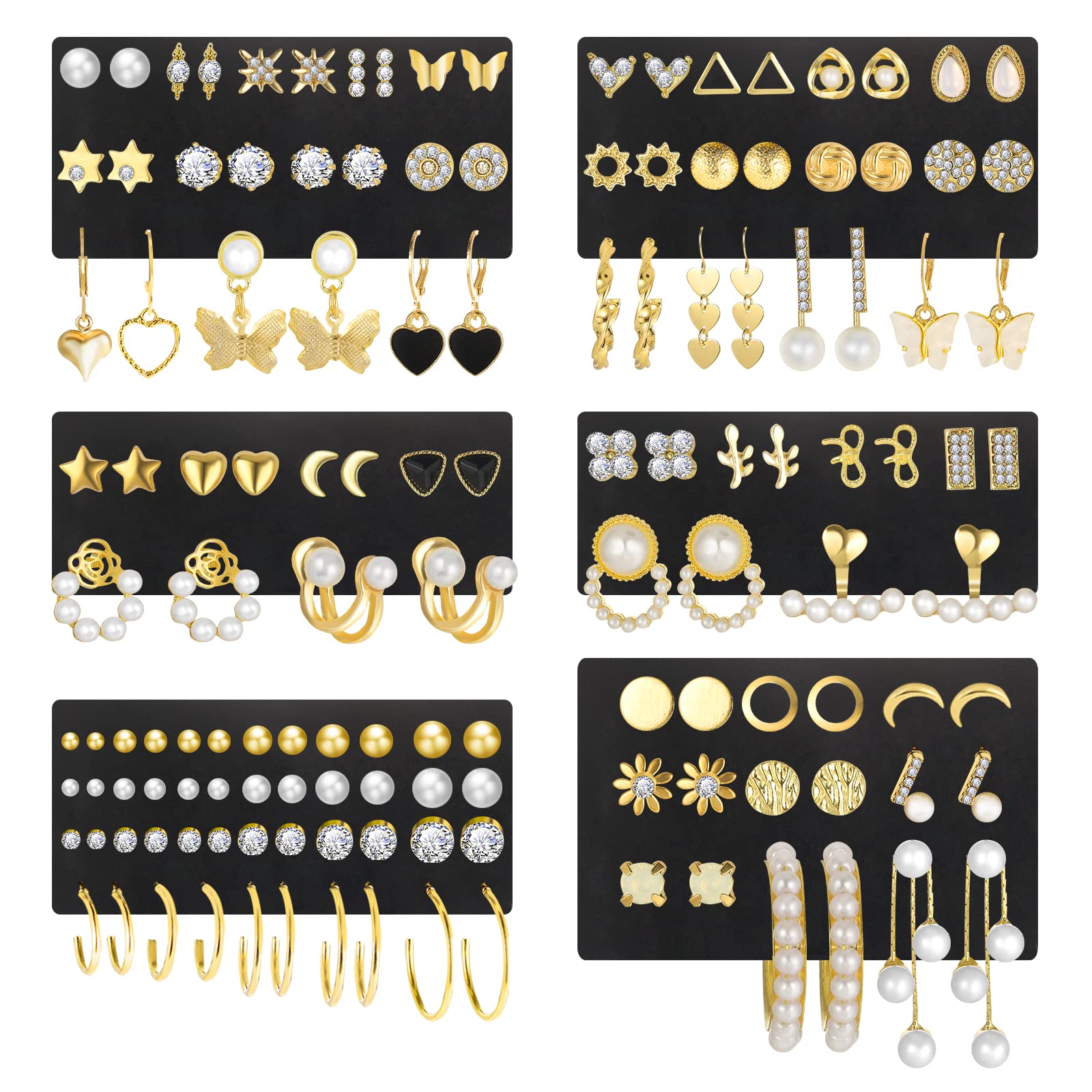 68 Pairs Gold Stud Earrings for Women - Hypoallergenic Cubic Zirconia & Pearl Earring Set with Butterfly & Hoop Designs - Perfect for Multiple Piercings, Daily Wear, Gifts & Special Occasions