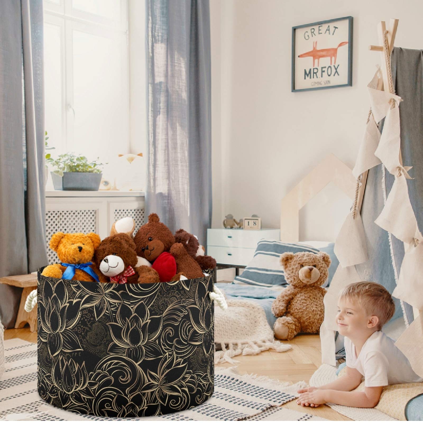 Visesunny Collapsible Large Capacity Storage Basket - Gold Black Lotus Floral Design for Clothes, Toys & Laundry | Durable Cotton Handles | Space-Saving Home Organizer for Bathroom, Bedroom, Nursery & Closet | Perfect for Small Spaces & Organization Needs