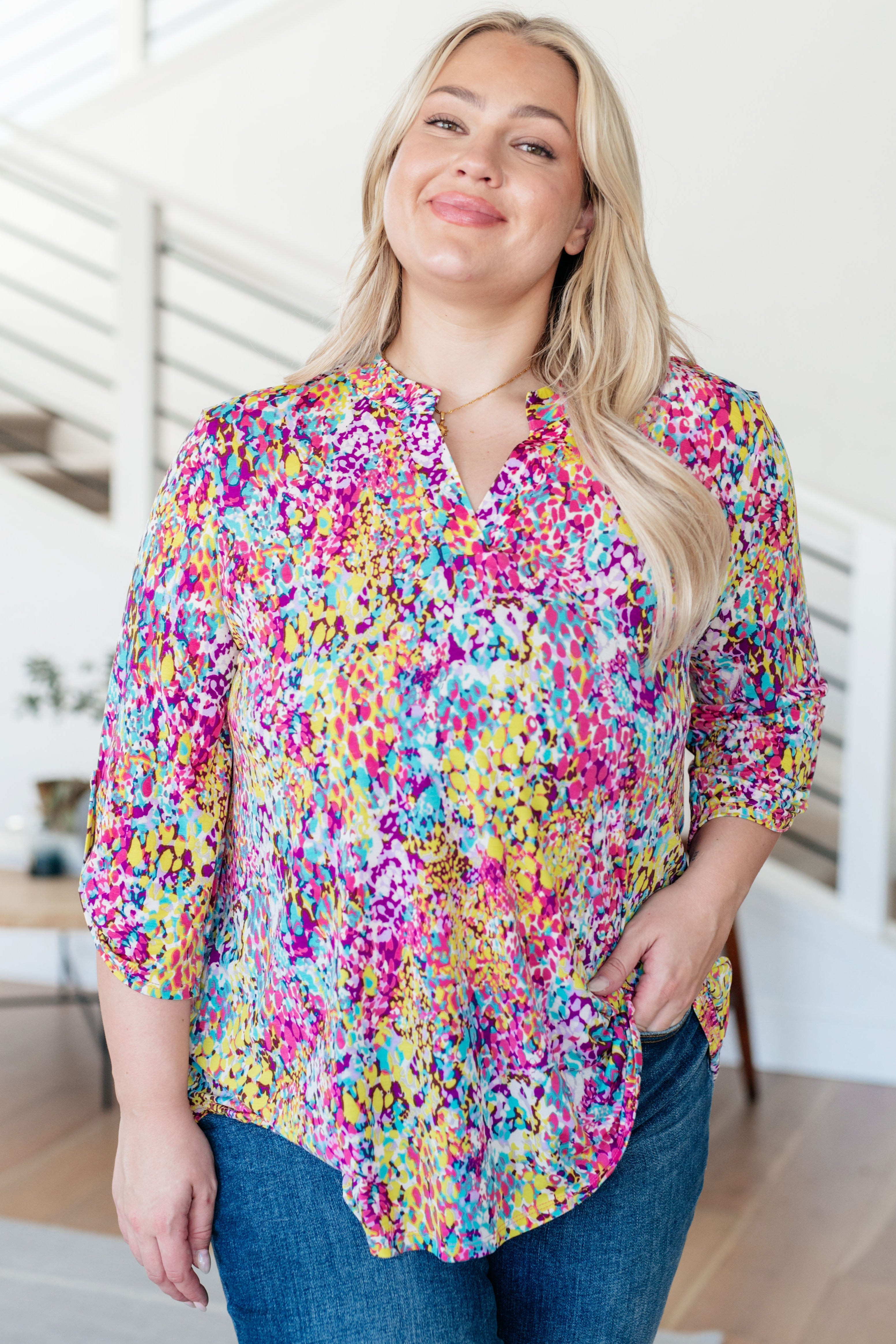 Lizzy Top - Women's Abstract Painted Blouse in Magenta & Lime | Boho Chic Fashion for Casual Outings & Summer Parties