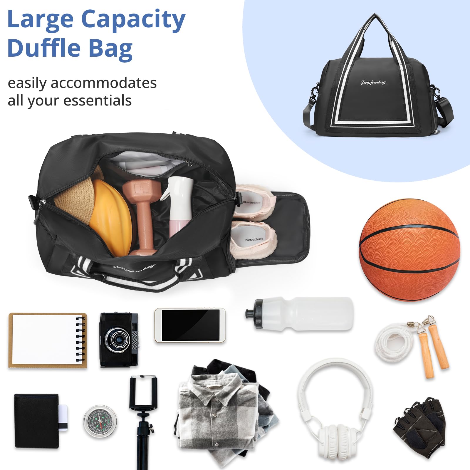 VOOWO Travel Duffle Bag for Women & Men - Lightweight Gym Bag with Shoe Compartment, Carry On Duffel for Airplane, Personal Item Weekender Overnight Bag - Perfect for Gym, Travel, Weekend Getaways & Business Trips (Black)