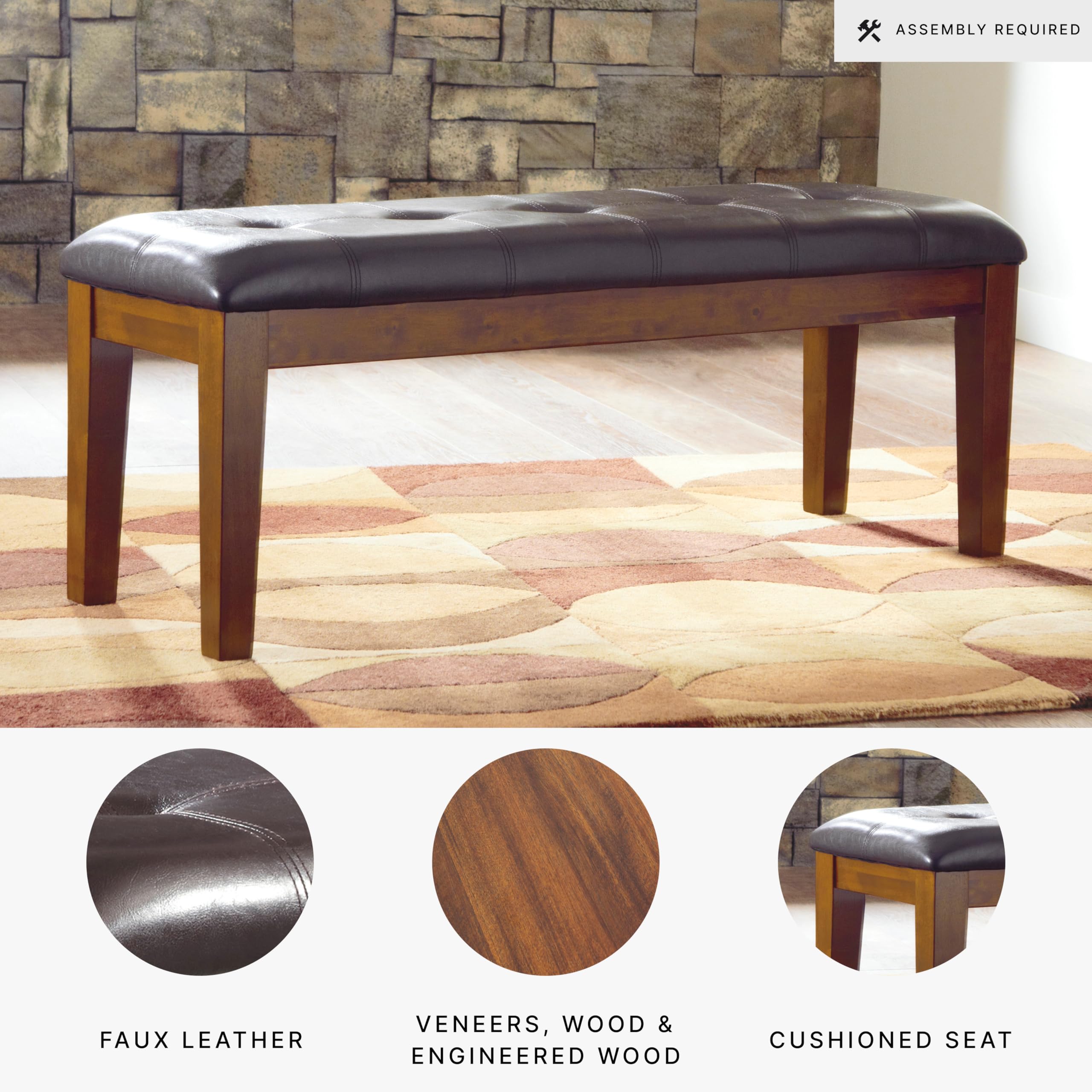 Signature Design by Ashley Ralene Tufted Upholstered Dining Room Bench in Medium Brown - Stylish Seating for Kitchen, Entryway & Bedroom