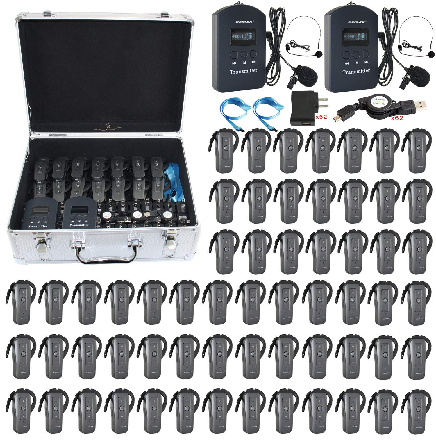 EXMAX EXD-6688 2.4GHz Wireless Tour Guide Headset System - Dual Transmitter Church Translation Device for Field Trips & Training (60 Receivers + Silver Storage Case) - Perfect for Guided Tours, Museum Visits & Educational Events