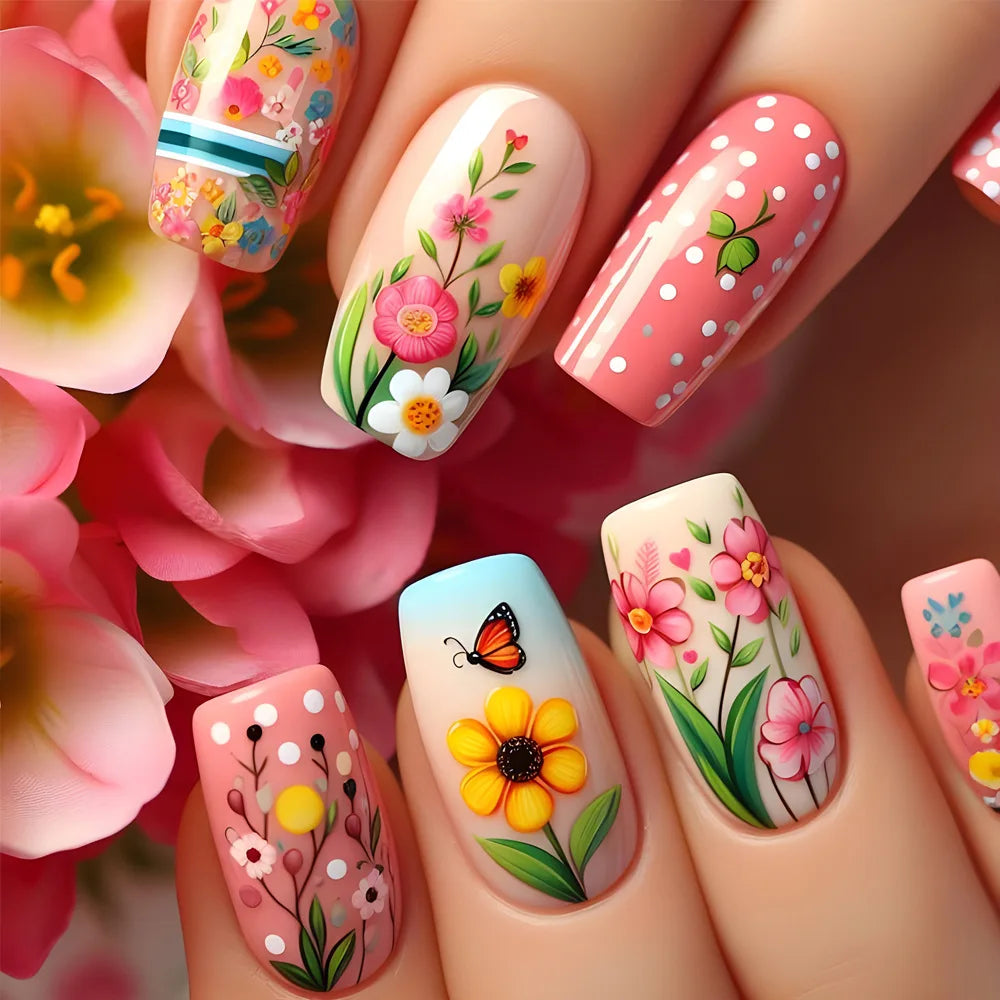 24Pcs Medium Length Ballet Fake Nails - Pink Gradient Spring Floral Sea Design Press on Nails, Acrylic Nail Tips for Manicure, Perfect for Parties, Weddings & Daily Wear