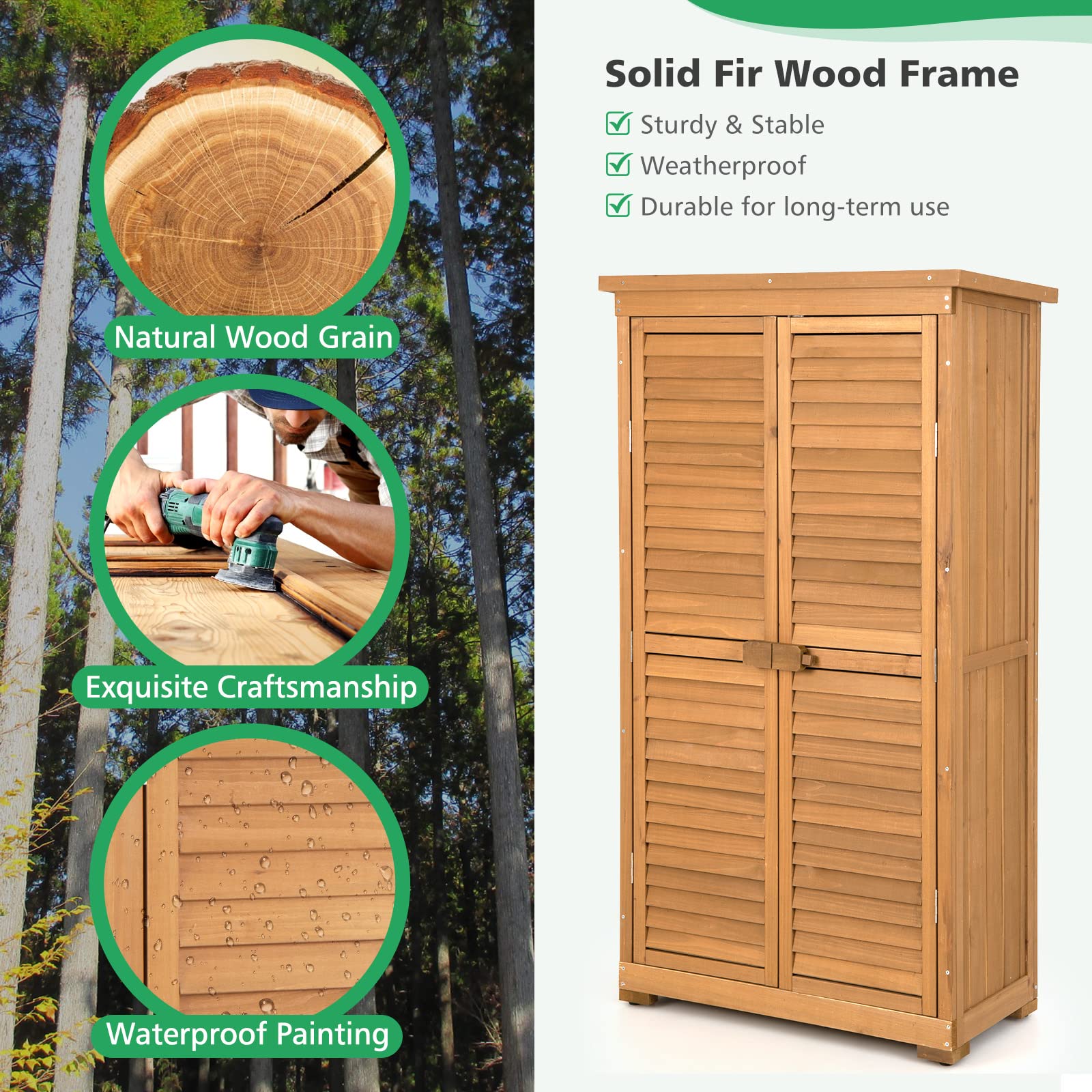 GOFLAME 63 Inch Outdoor Storage Cabinet with 3 Removable Shelves - Waterproof Wooden Garden Shed, Adjustable Footpads & Latch - Vertical Tool Storage for Porch, Deck, Backyard, Patio (Great for Storing Gardening Tools, Outdoor Equipment & Seasonal Items)