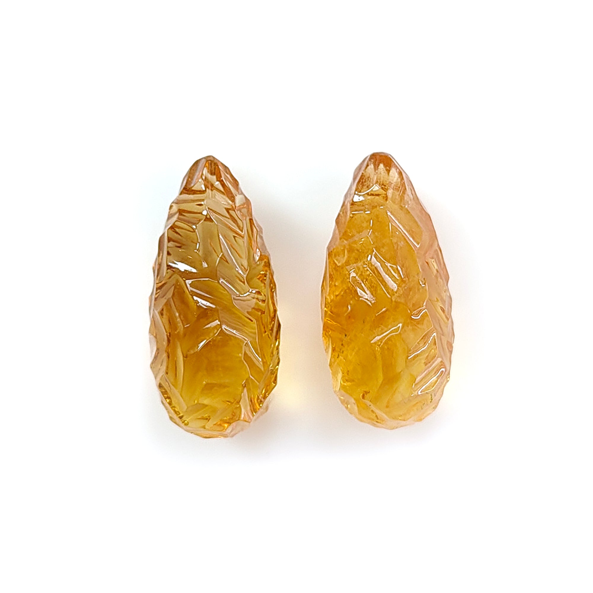 Natural Yellow Citrine Gemstone Carving - 43.40cts Untreated Unheated Hand Carved Teardrop Shape 25mm Pair - November Birthstone for Jewelry Making & Healing Crystal Collection
