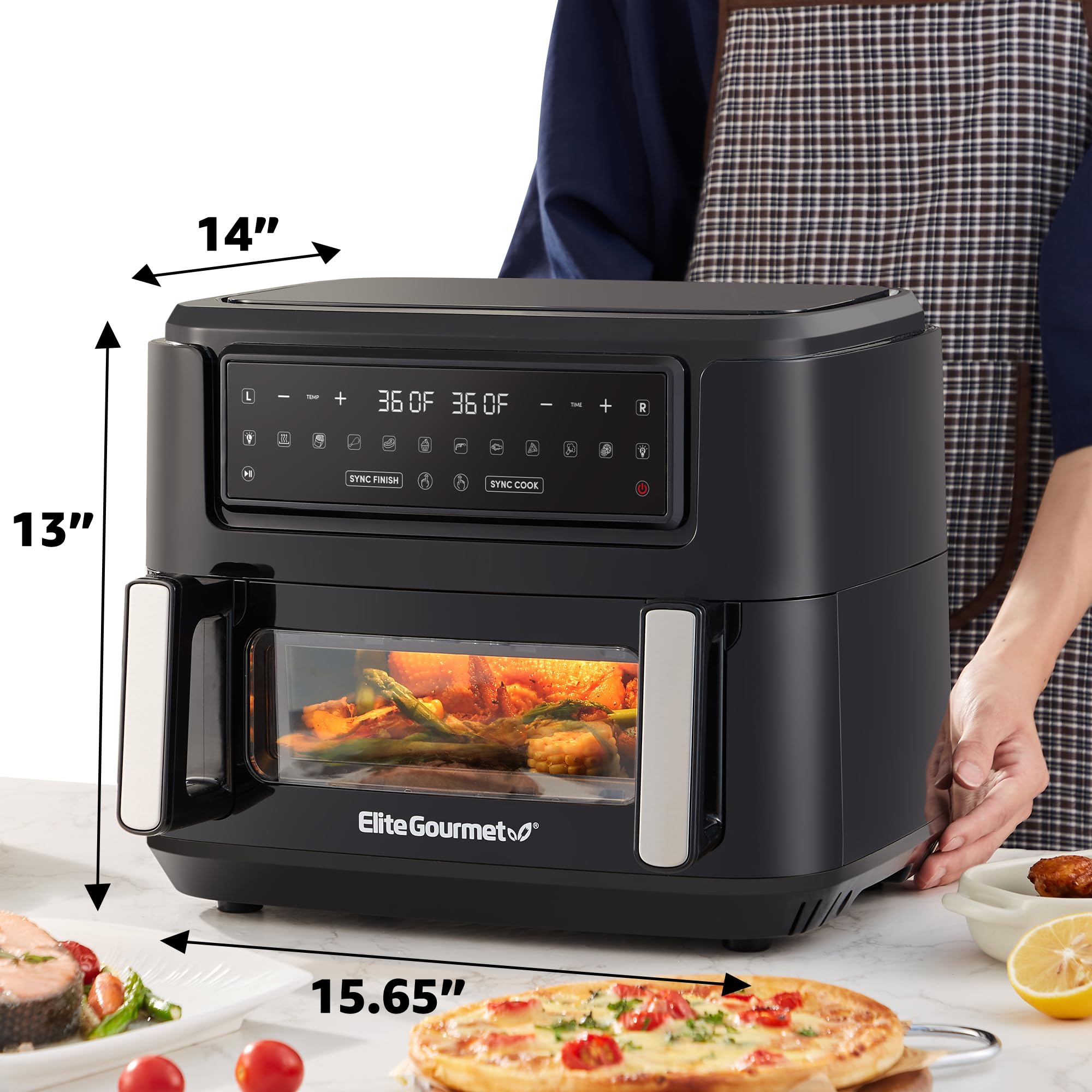Elite Gourmet EAF1055D 11QT Dual Zone Air Fryer Oven - 2 Independent Cook Zones, Dishwasher Safe Basket, 10 Preset Functions, 1600W - Perfect for Family Meals, Healthy Cooking & Quick Snacks - Includes Recipe Booklet (Black)