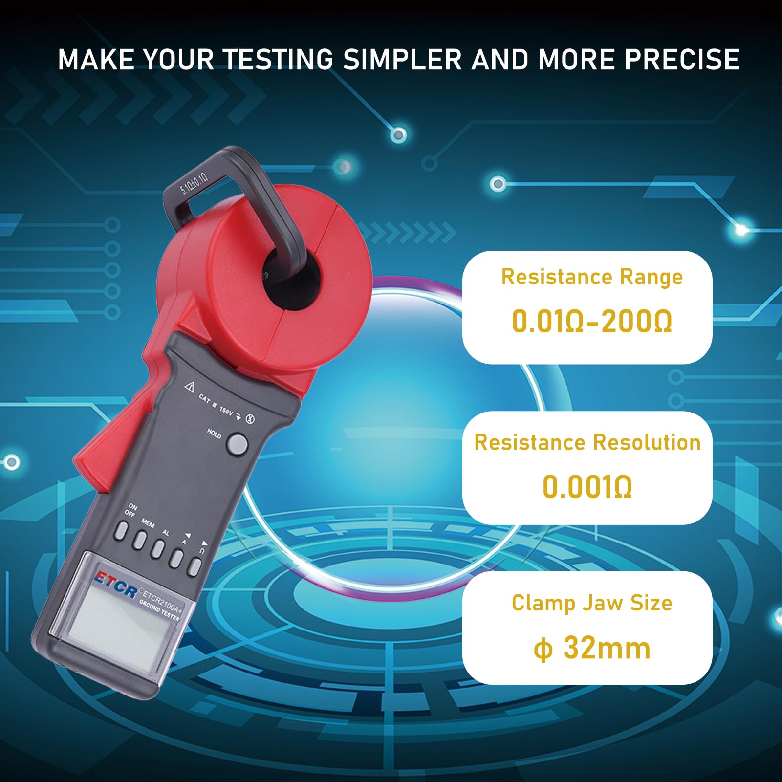 ETCR2100A+ Digital Clamp Ground Earth Resistance Tester Meter - 0.01 to 200Ω Range for Electrical Safety Testing, Industrial Maintenance & DIY Projects