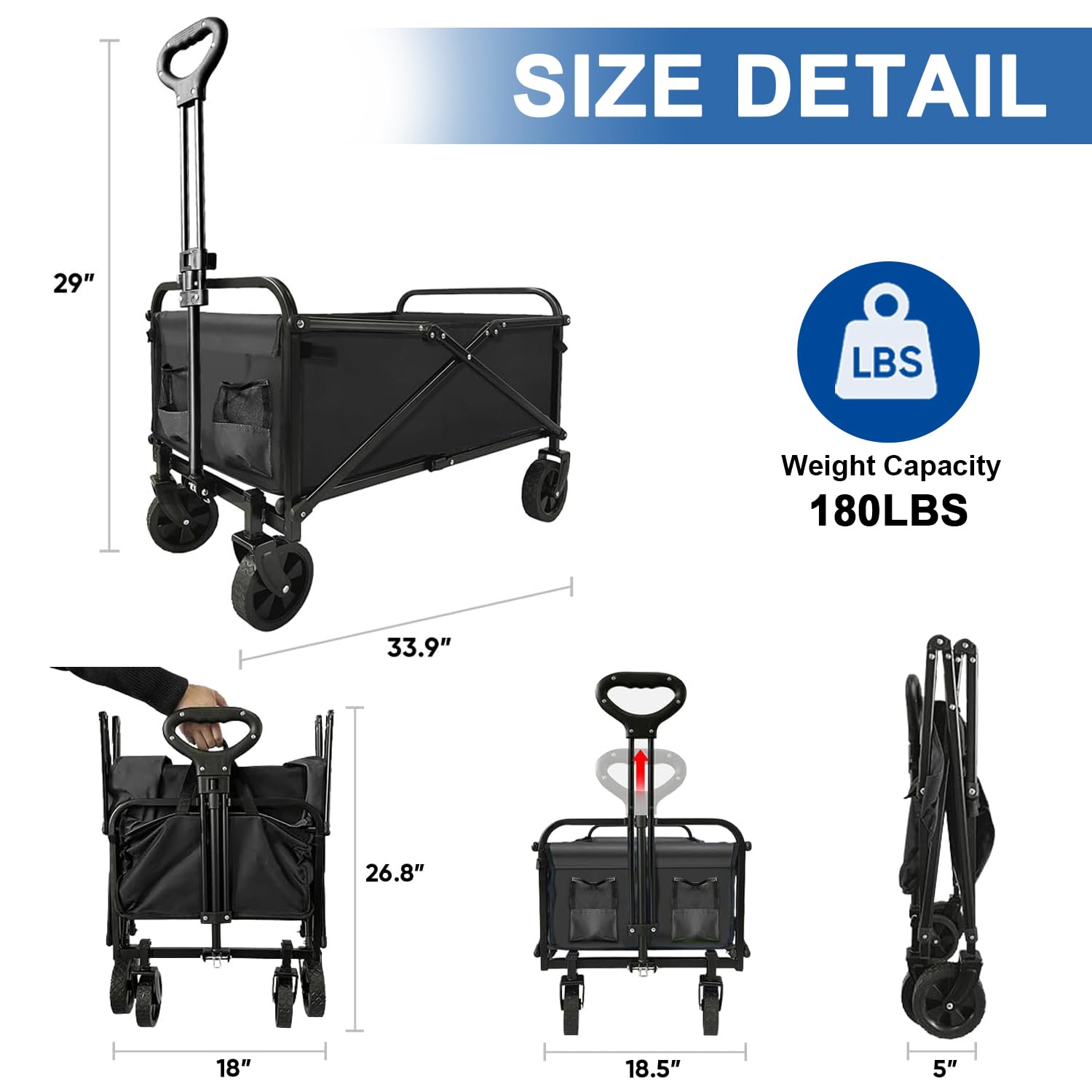Heavy Duty Collapsible Wagon Cart - Foldable Portable Utility Cart with Large Capacity for Beach, Camping, Grocery Shopping, Fishing & Outdoor Activities | Perfect for Picnics, Sports Events & Garden Use (Black)