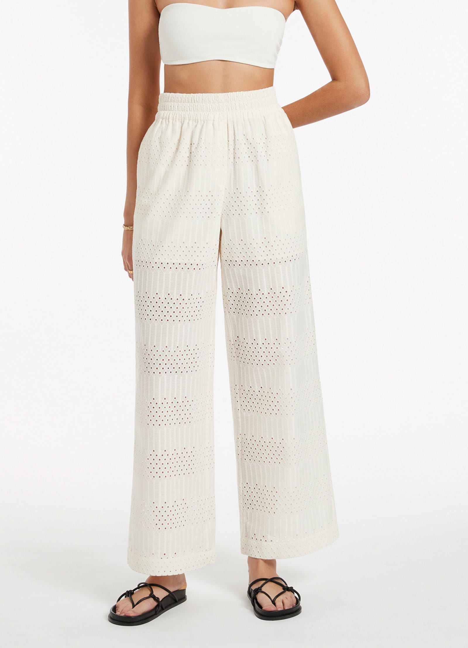 Broderie Wide Leg Pants for Women - Cream Linen High Waisted Boho Pants - Perfect for Summer, Beach, and Casual Outings