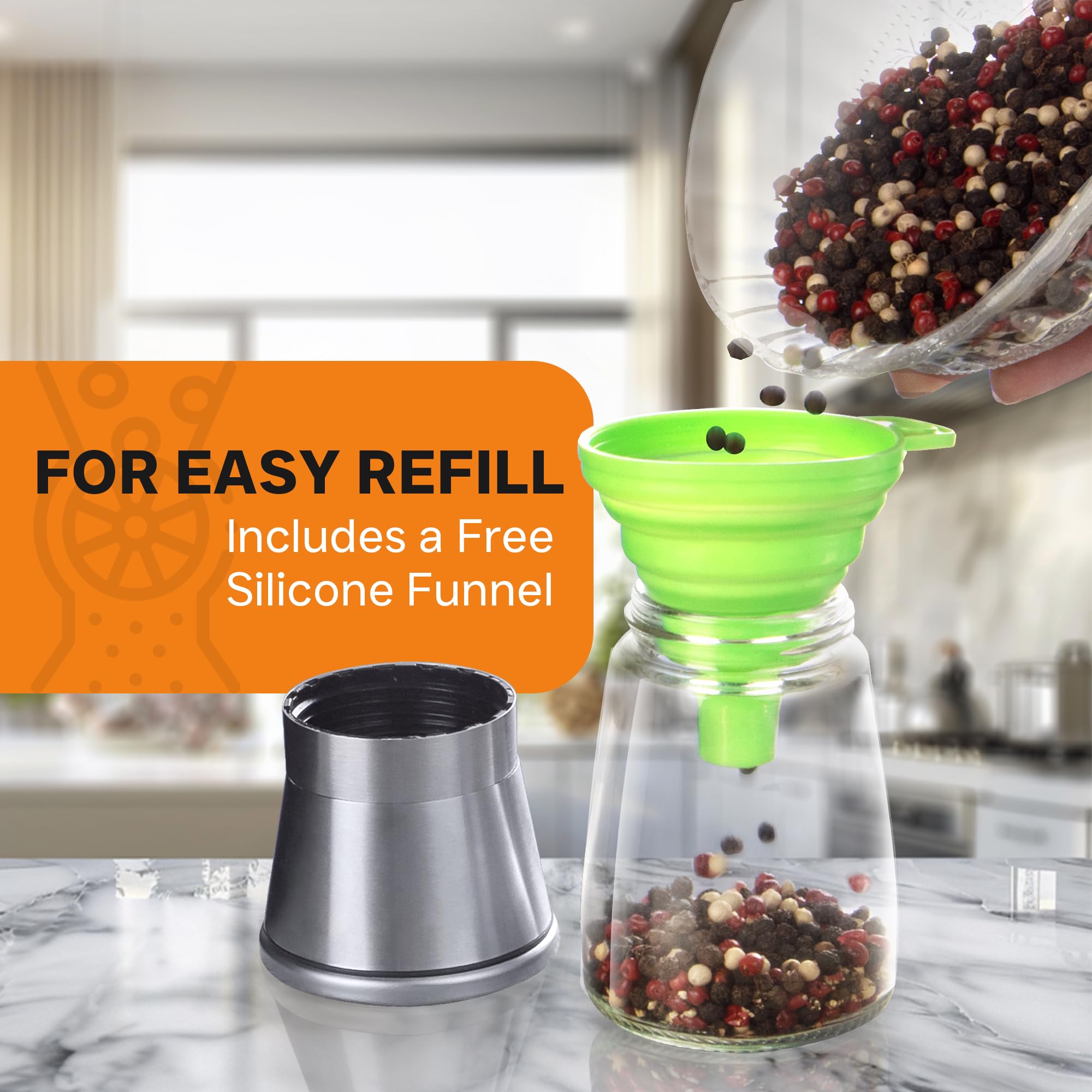 Premium Stainless Steel Salt and Pepper Grinder Set - Adjustable Coarseness, Refillable Glass Body - Compact Kitchen Essential for Cooking, Dining & Gifting (2 Pack) - Perfect for Restaurants, Home Kitchens & Dinner Parties