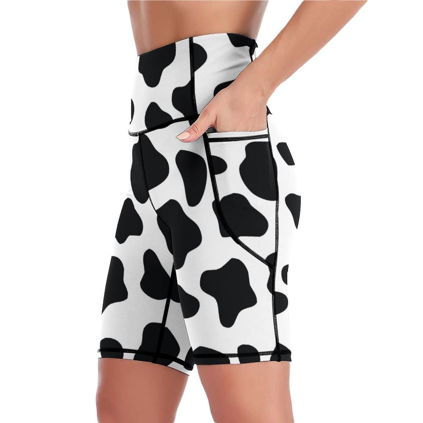 Women's High Waisted Cow Print Yoga Shorts - Workout Running Biker Athletic Pants with Side Pockets (Size XL) | Perfect for Yoga, Gym, Running & Casual Wear