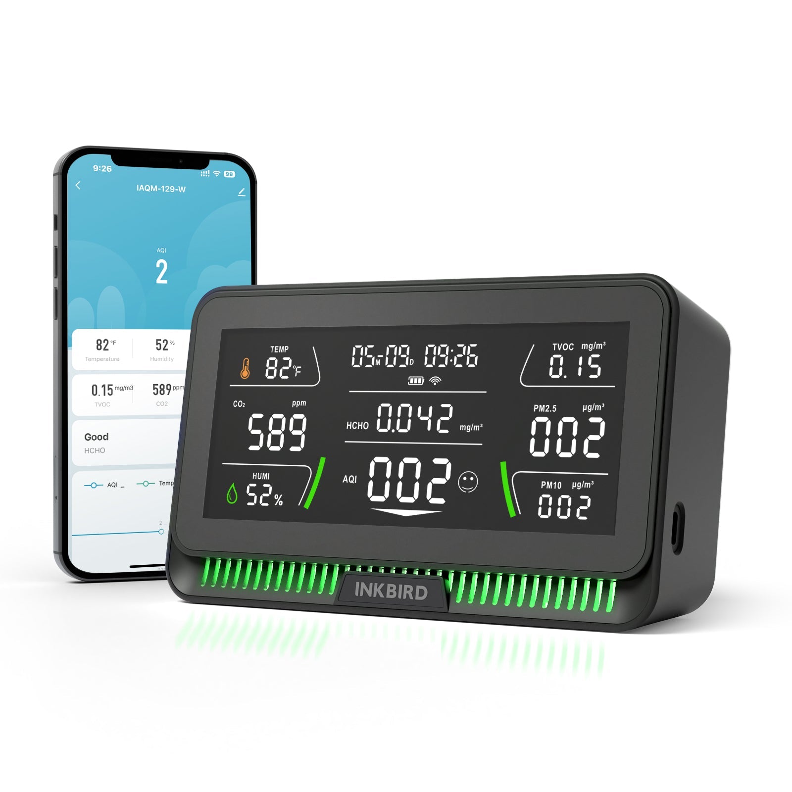 10-in-1 Wireless Air Quality Monitor IAQM 129W - Portable Indoor Air Pollution Detector for Home, Office & Car | Measures PM2.5, CO2, Temperature & Humidity | Real-Time Air Quality Analysis for Healthier Living
