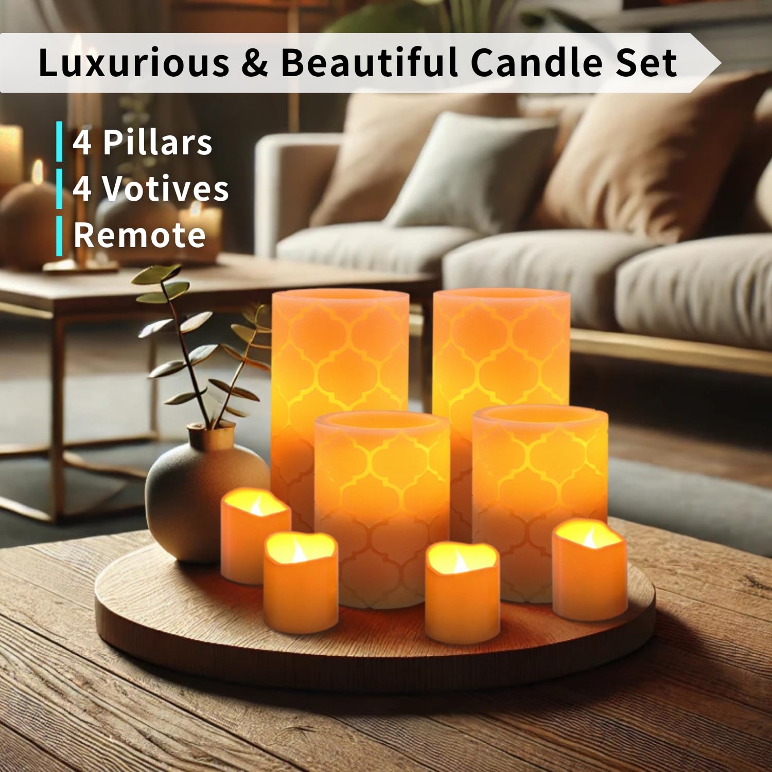 FURORA LIGHTING Orange Nordic Real Wax LED Candles with Remote Timer - 4 Pillar & 4 Votives Flameless Flickering Candles Set (8 Pack) - Battery Included for Home Decor, Wedding Centerpieces, Christmas & Holiday Decorations