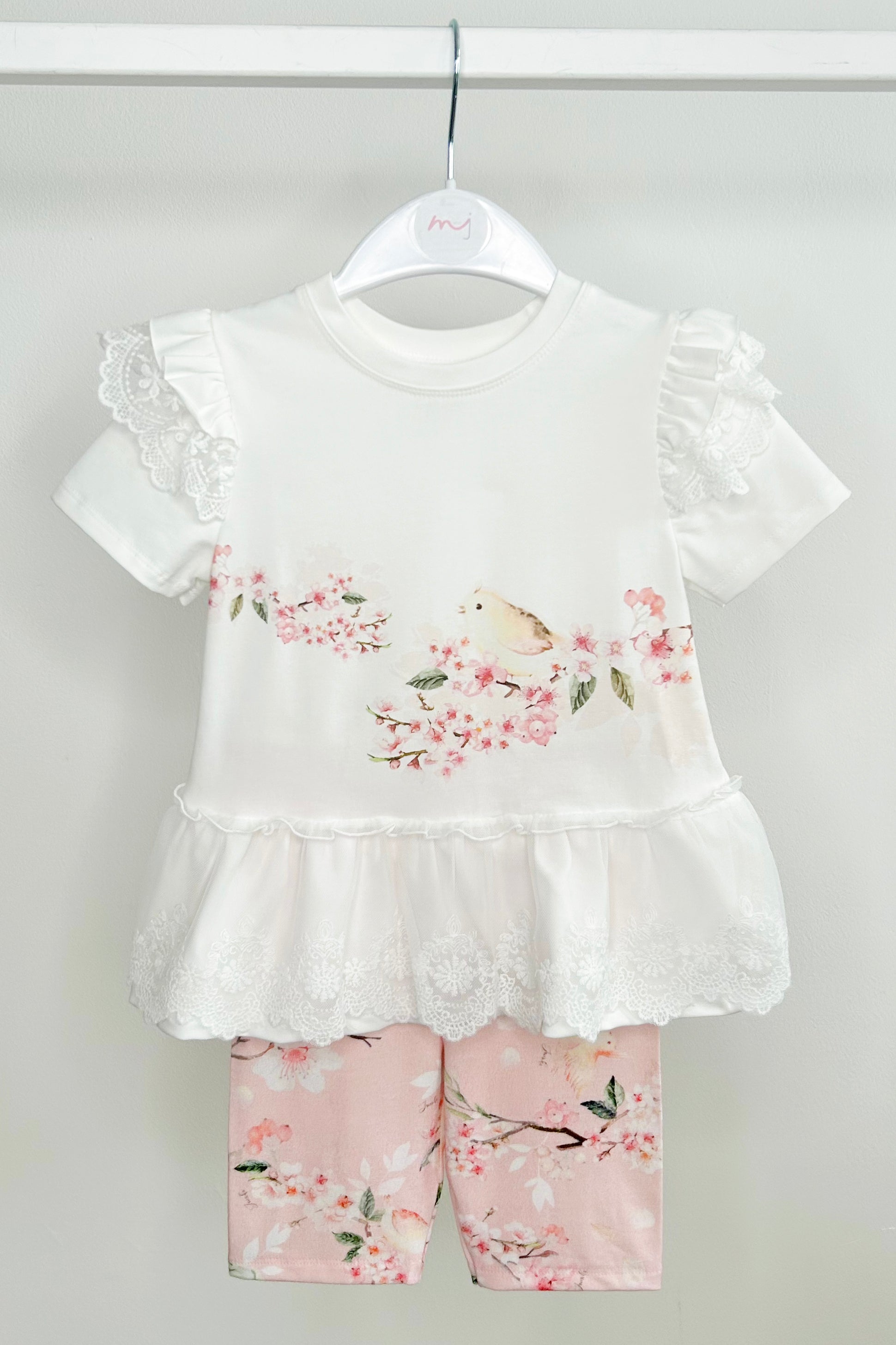 Soraya Ivory & Pale Pink Floral Lace Women's Top & Biker Shorts Set - Elegant Lace Outfit for Date Night, Summer Parties & Casual Wear