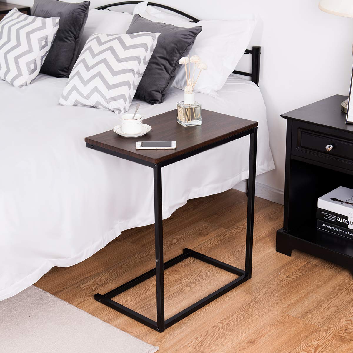 Tangkula Brown Sofa Side Table - Portable End Table with Laptop Holder, Coffee Tray & Workstation - Perfect for Living Room, Bedroom, Office & Small Spaces