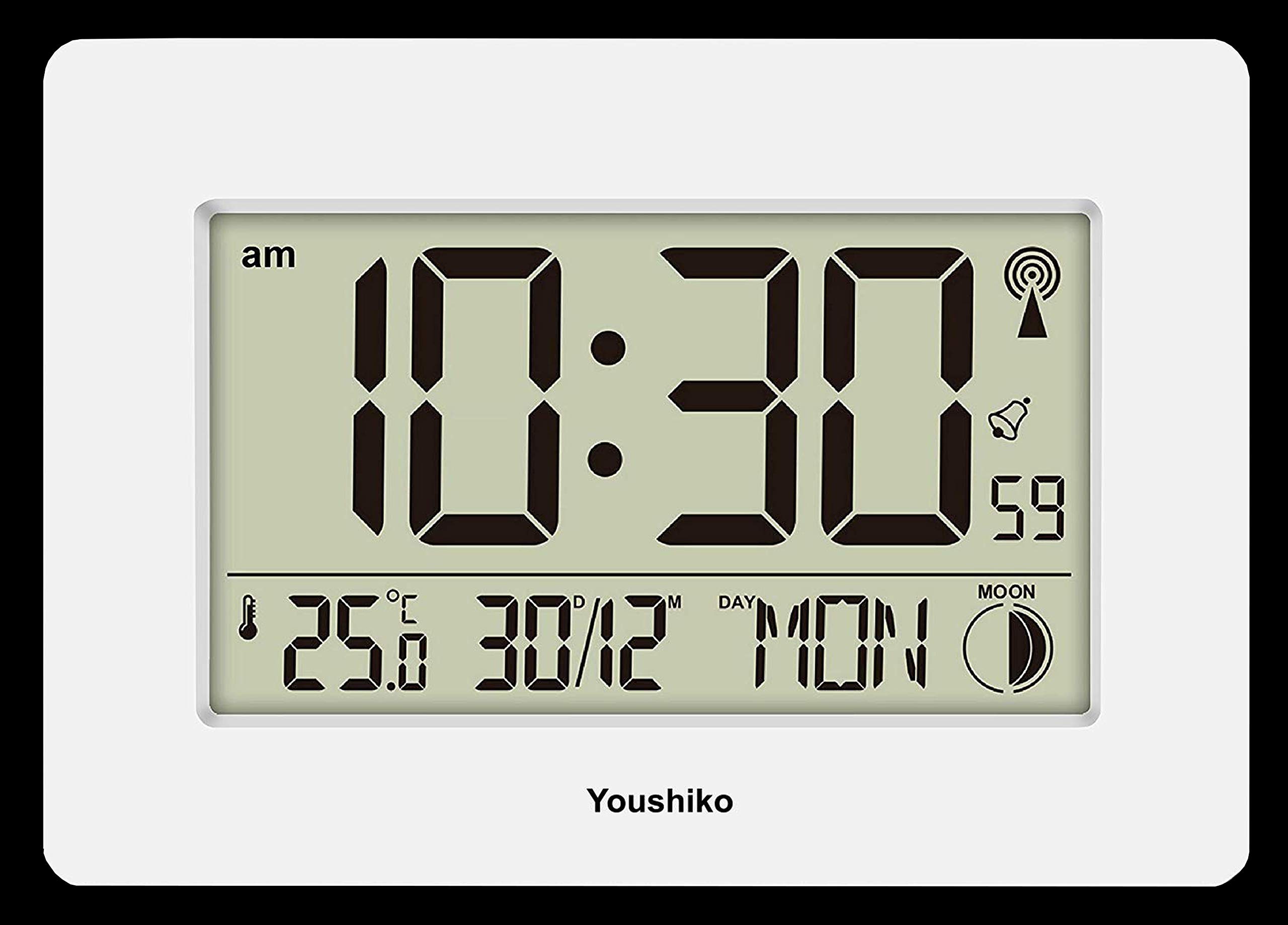 Youshiko Radio Controlled Wall Clock - Large LCD Screen, Silent Operation, Automatic Time/Date/Month Setting - Perfect for Home, Office, and Classroom Use